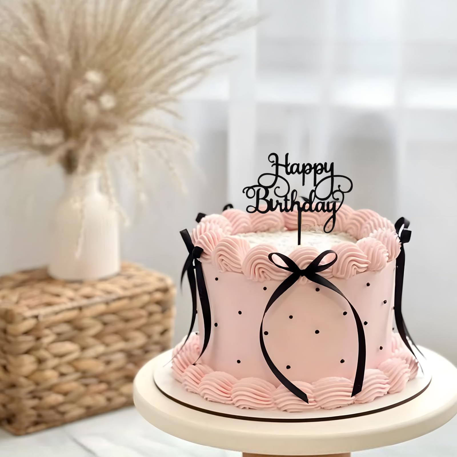 Kinretixia 6 stuks taartdecoratie met strik en lint met Happy Birthday-bord, Coquette-themafeest, zwarte vintage taarttopper voor harttaart, vintage taart