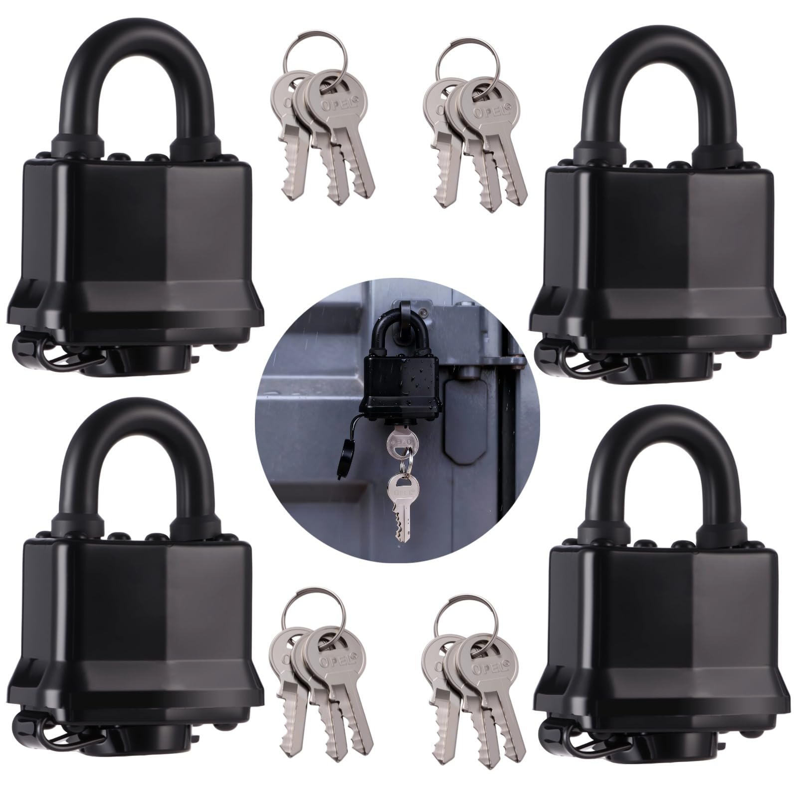 Wasserdichte Vorhängeschlösser mit Schlüssel, 0,8 cm Bügel, robust, Diebstahlschutz für drinnen, draußen, Tor, Zuhause, Schrank, schwarz, 4,8 x 1 x 6,1 cm, 4 Stück