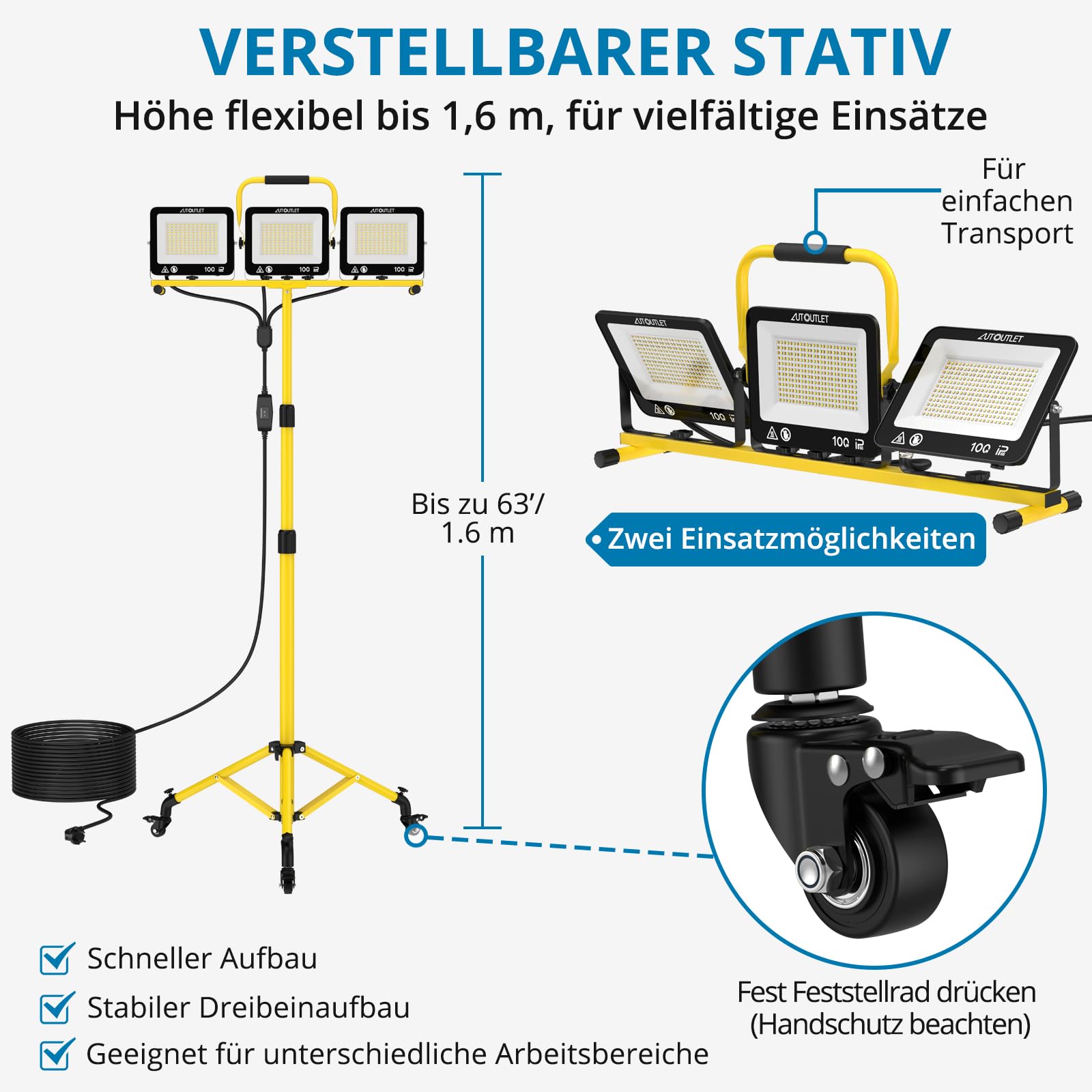 AUTOUTLET Baustrahler LED mit Rollstativ 300W, 3000K/5000K/6500K & 5M Kabel | 27000LM Baulampe mit Feststellbremse, 118-174cm Höhenverstellbar Stativ, IP66 Wasserdicht, Abnehmbar, für Garage Baustelle