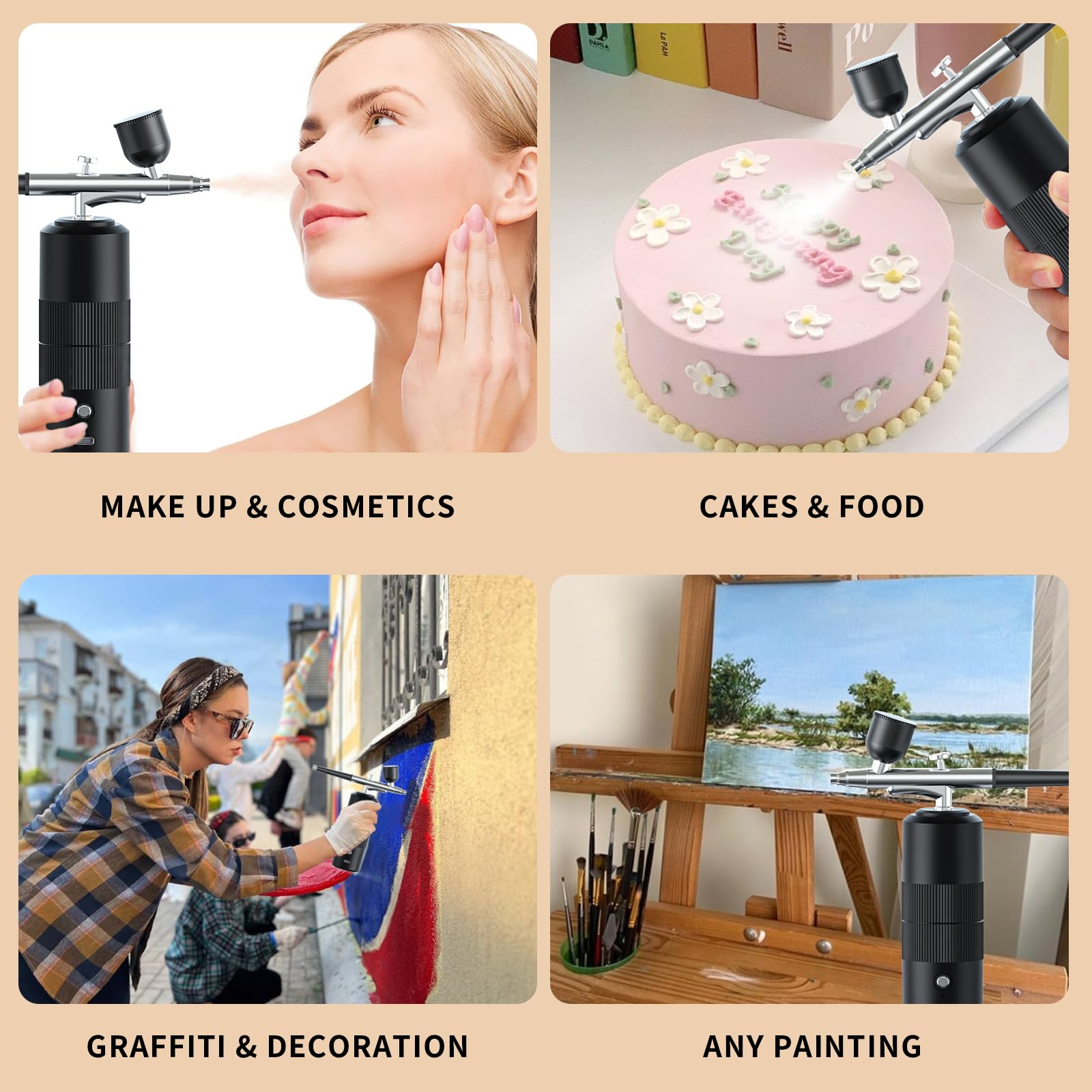 Aerografo Set, Compressore portatile cordless Kit 36PSI multifunzione Aerografo con compressore per decorazioni per torte pittura su modelli nail art cura della pelle (Black-A05)