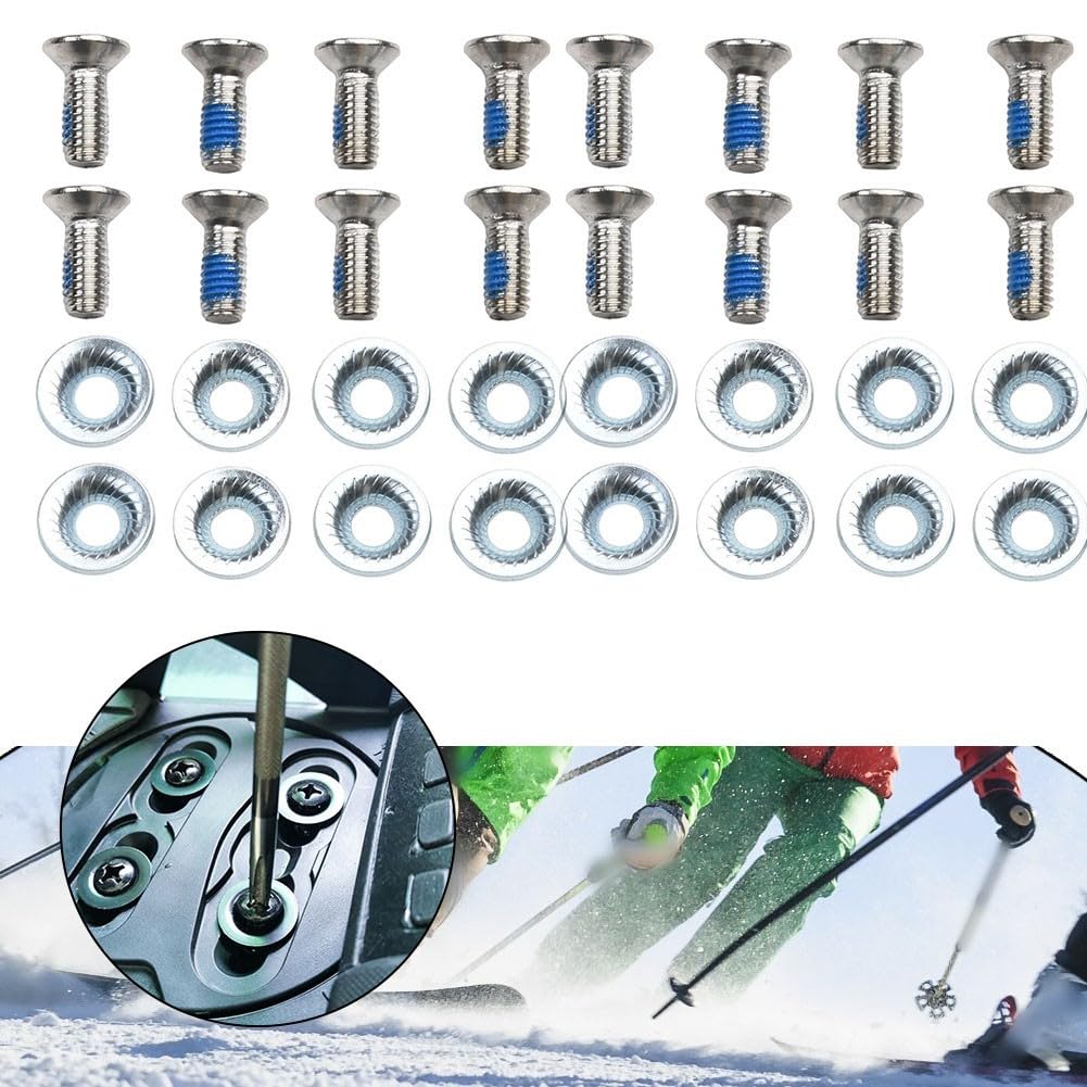 Lot de 16 vis fixes M6 x 16 avec rondelles – Matériel de montage de fixation en métal pour réparation de pièces de ski et de snowboard – Comprend des entretoises, design antidérapant (8 pièces)