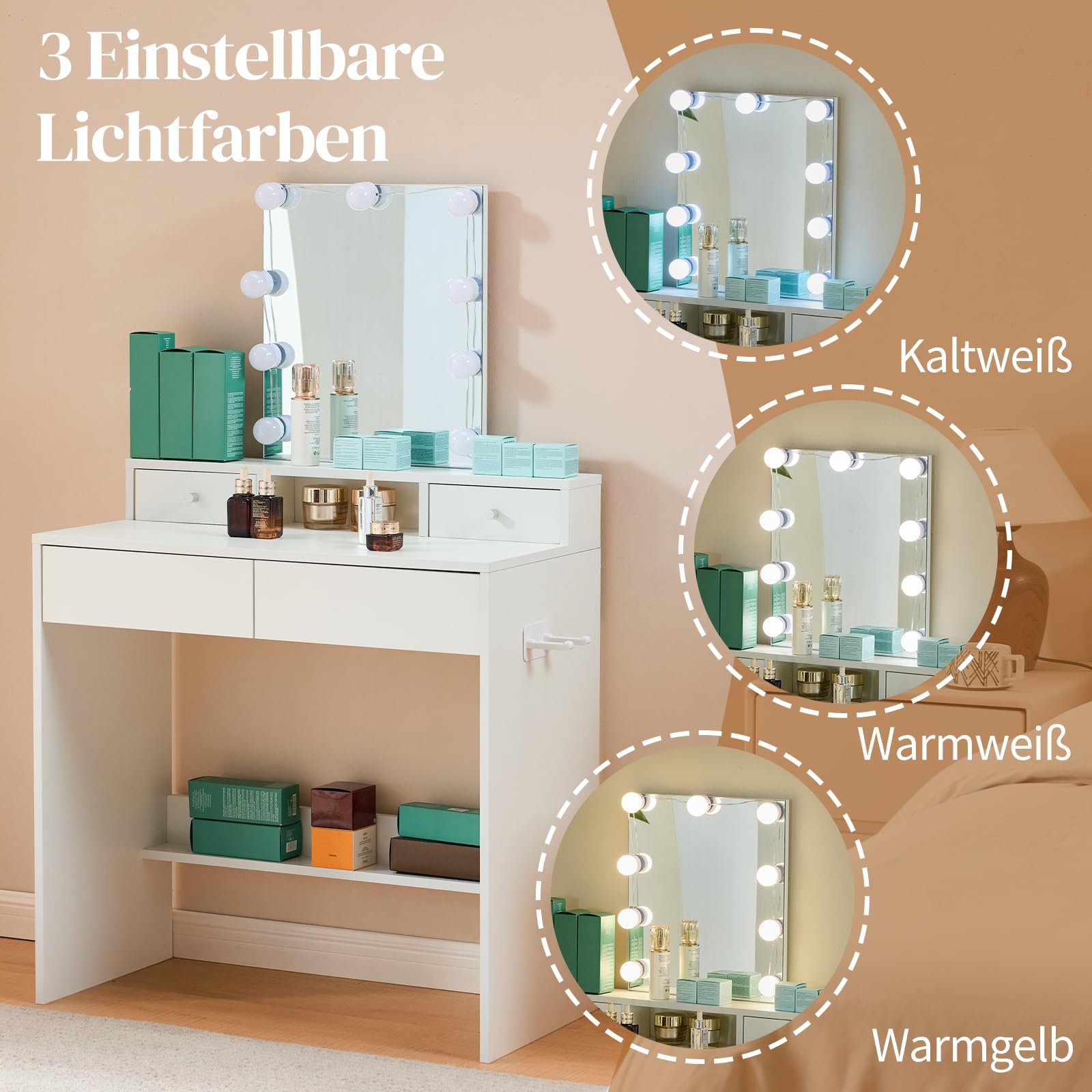 LEADZM Schminktisch mit Beleuchtung & Spiegel (Weiß, 80x40x130 cm)