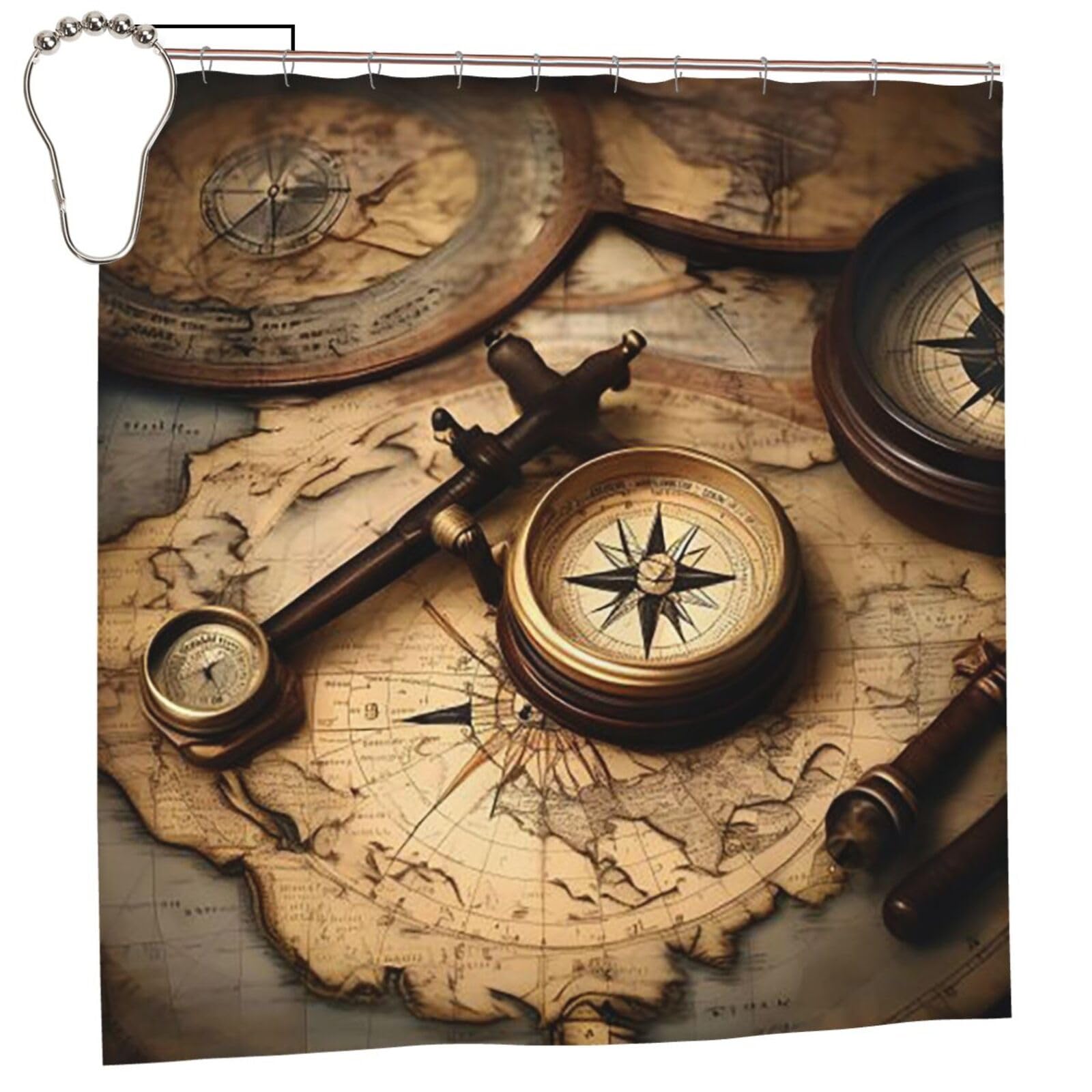 FodPand Compass and Old World Map Shower Curtain 70"x70" Waterproof Long Bathroom Curtain Heavy Duty Thick Cloth Bath Curtain Set with Hooks, Modern Abstract Art Pattern Bathroom Shower Curtains