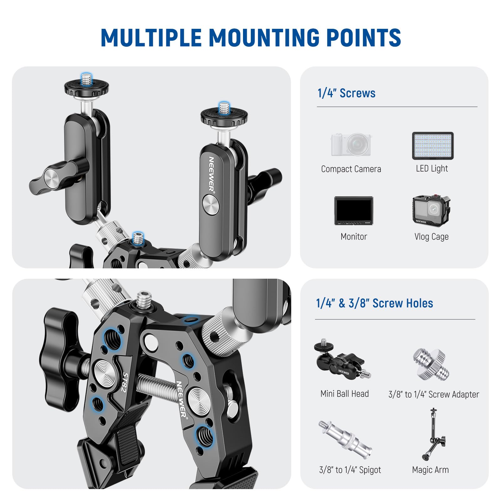 NEEWER Dubbele Super Clamp Camera Mount met Magic Arm