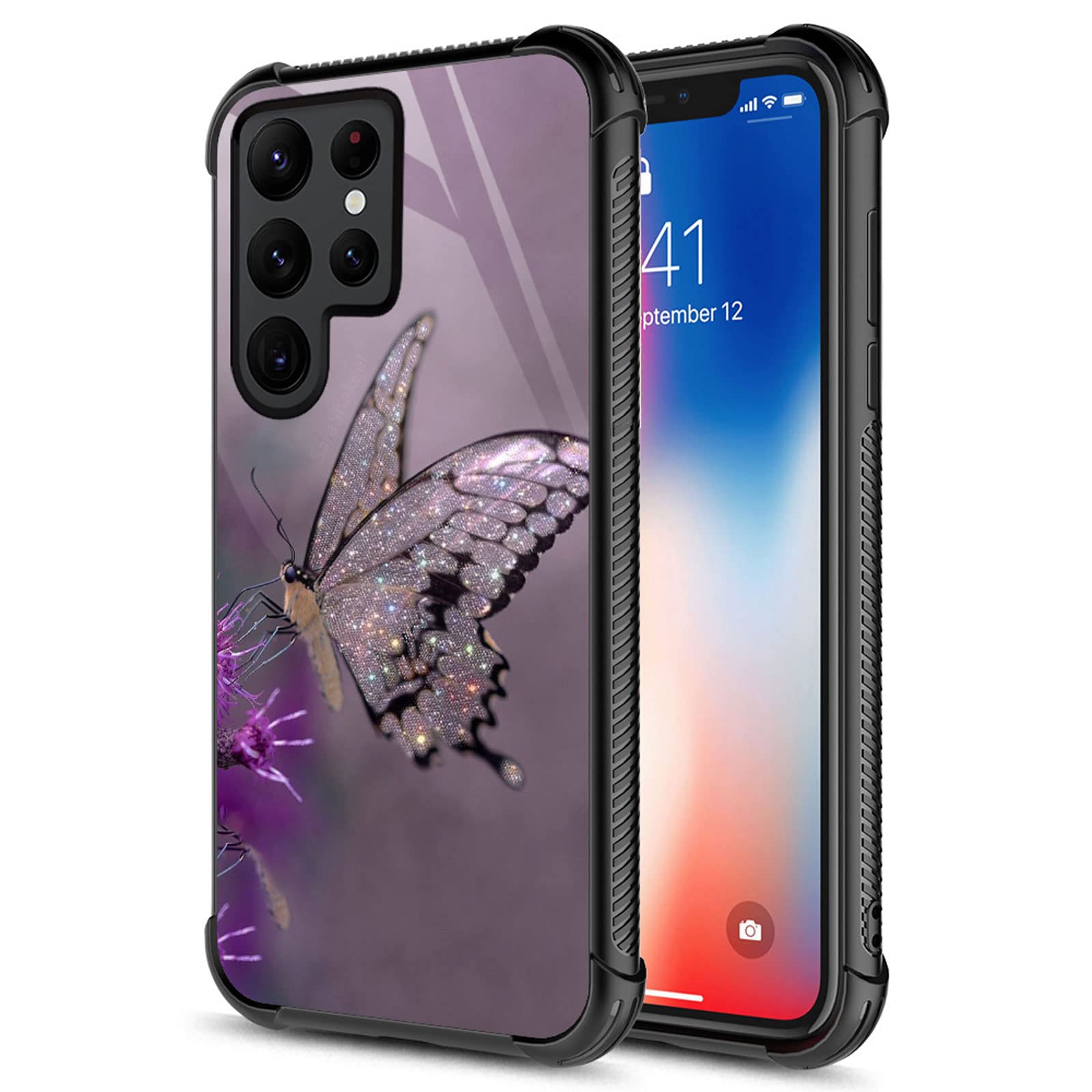 CARLOCA Compatible with Samsung Galaxy S22 Ultra Case,Diamond Shiny Butterfly Identity Graphic Design Shockproof Anti-Scratch Hard Acrylic Case for