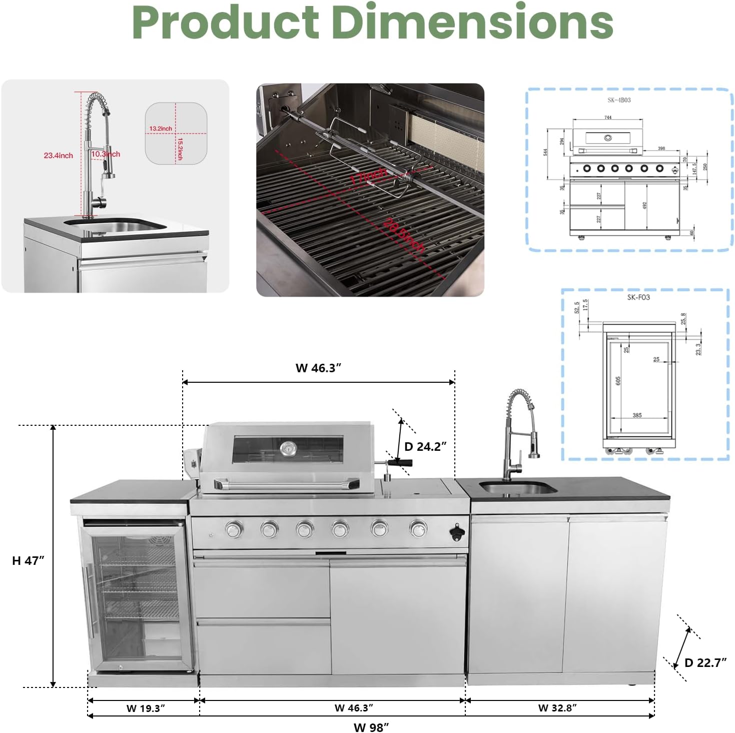 98" Rolling Outdoor Kitchen Island with Built-In 4 Burner 72,000 BTU Stainless Steel Gas Grill Featuring Rotisserie Oven,Granite Countertops,Beverage Fridge,Sink. (Silver + Fridge + Sink, Natural Gas)