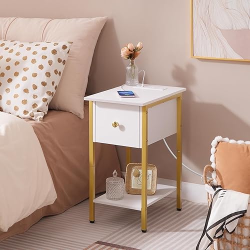 Miniatura 7 de HOOBRO Mesas auxiliares con estación de carga, juego de 2 mesas de noche estrechas, mesas auxiliares de sofá con cajón, mesas de café de 2 niveles,