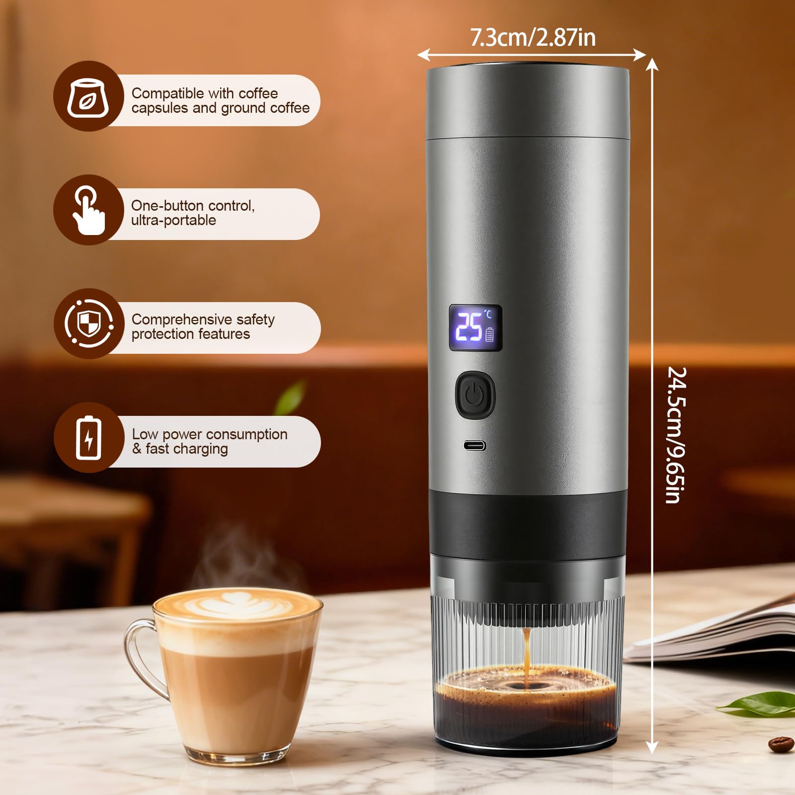 Máquina de café expreso 3 en 1 portátil con batería, 20 bar, extracción fría/caliente, compatible con cápsulas y café molido, 7800 mAh USB-C, mini cafetera para camping, coche, oficina y viajes - 3