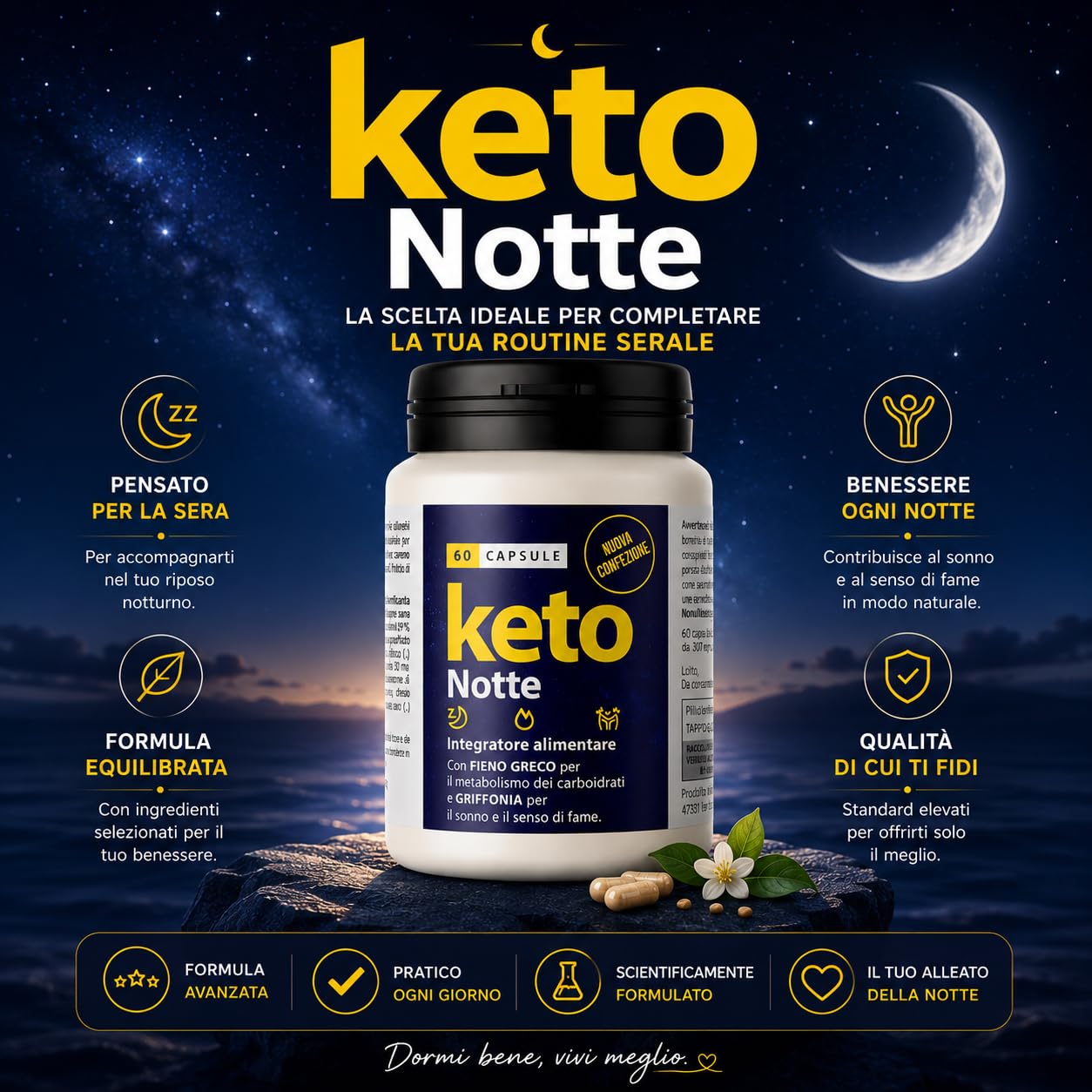 Keto Notte Integratore Alimentare Notturno 120 Capsule da 500mg | Supporto Dieta e Benessere Notturno, Con Griffonia, Con Matè, Con Trifoglio Rosso