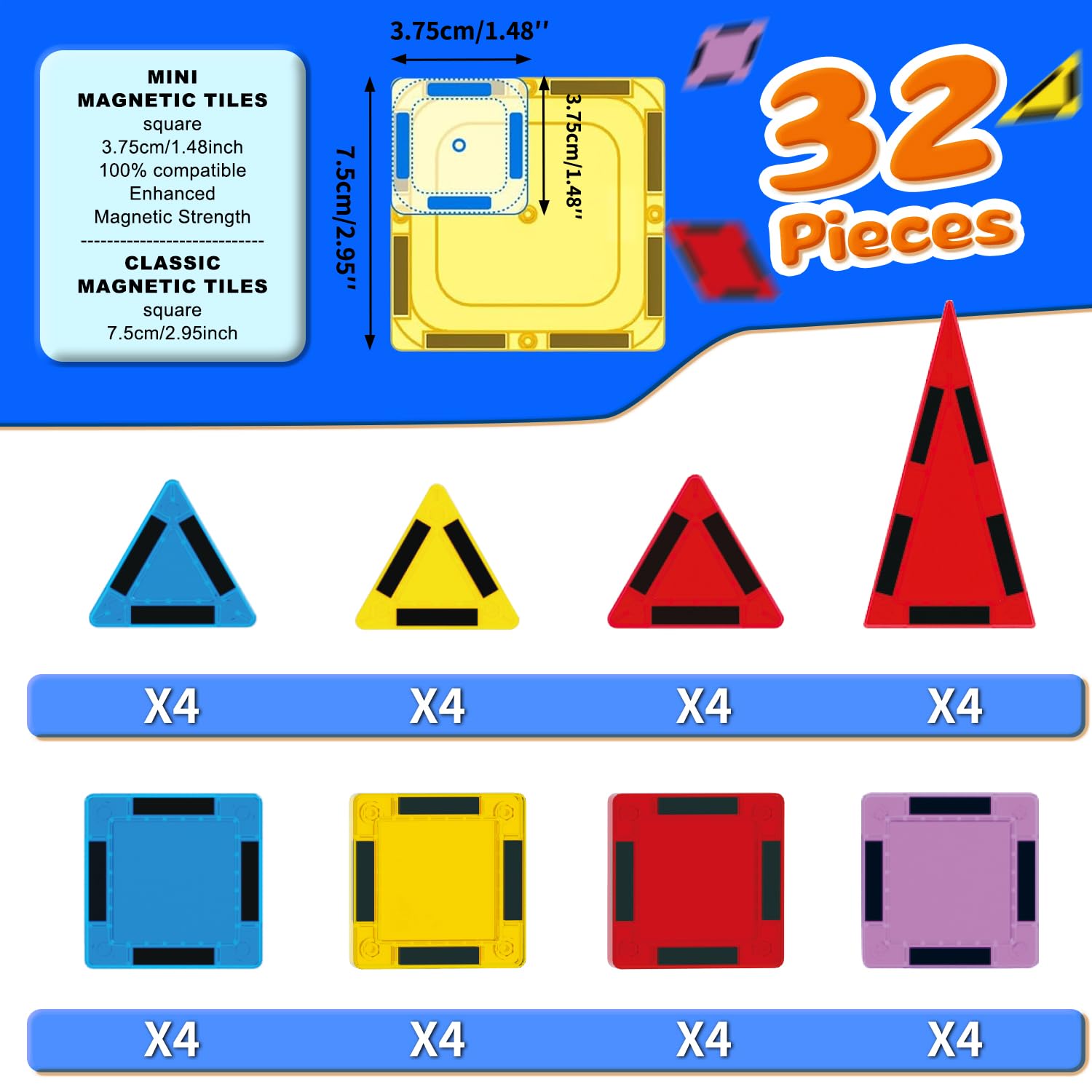 Mini Magnetic Tiles for Kids, Magnetic Building Set, Construction STEM Travel Toys for Boy Girl Ages 3+, Montessori Preschool Learning Educational Sensory Magnet Creative Toy Gift for Toddlers, 32 Pcs