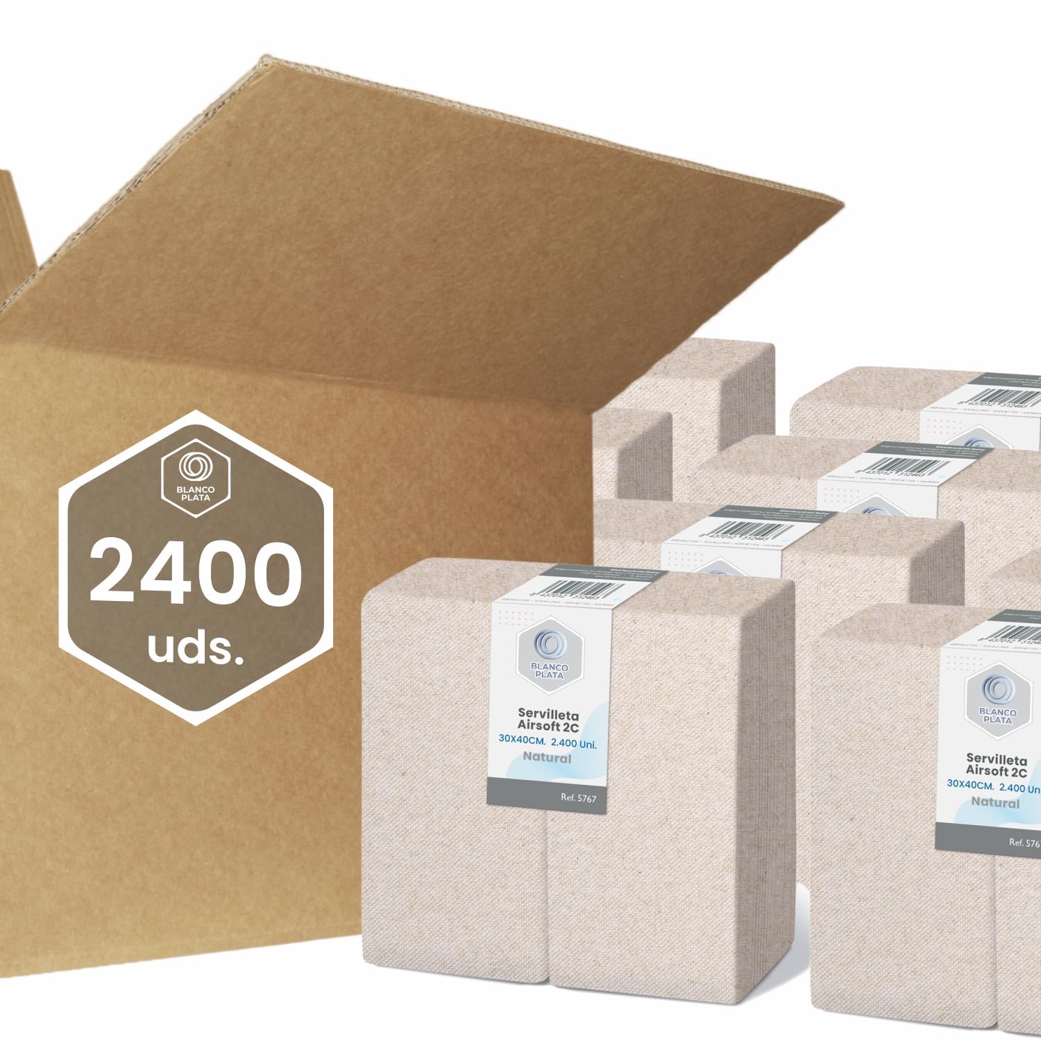 Blancoplata Servilletas papel Reciclado Color Natural 30x40cm 2400 unidades Plegadas en 1/6 100% celulosa Doble capa Máxima suavidad y resistencia Papel gofrado de micropunto