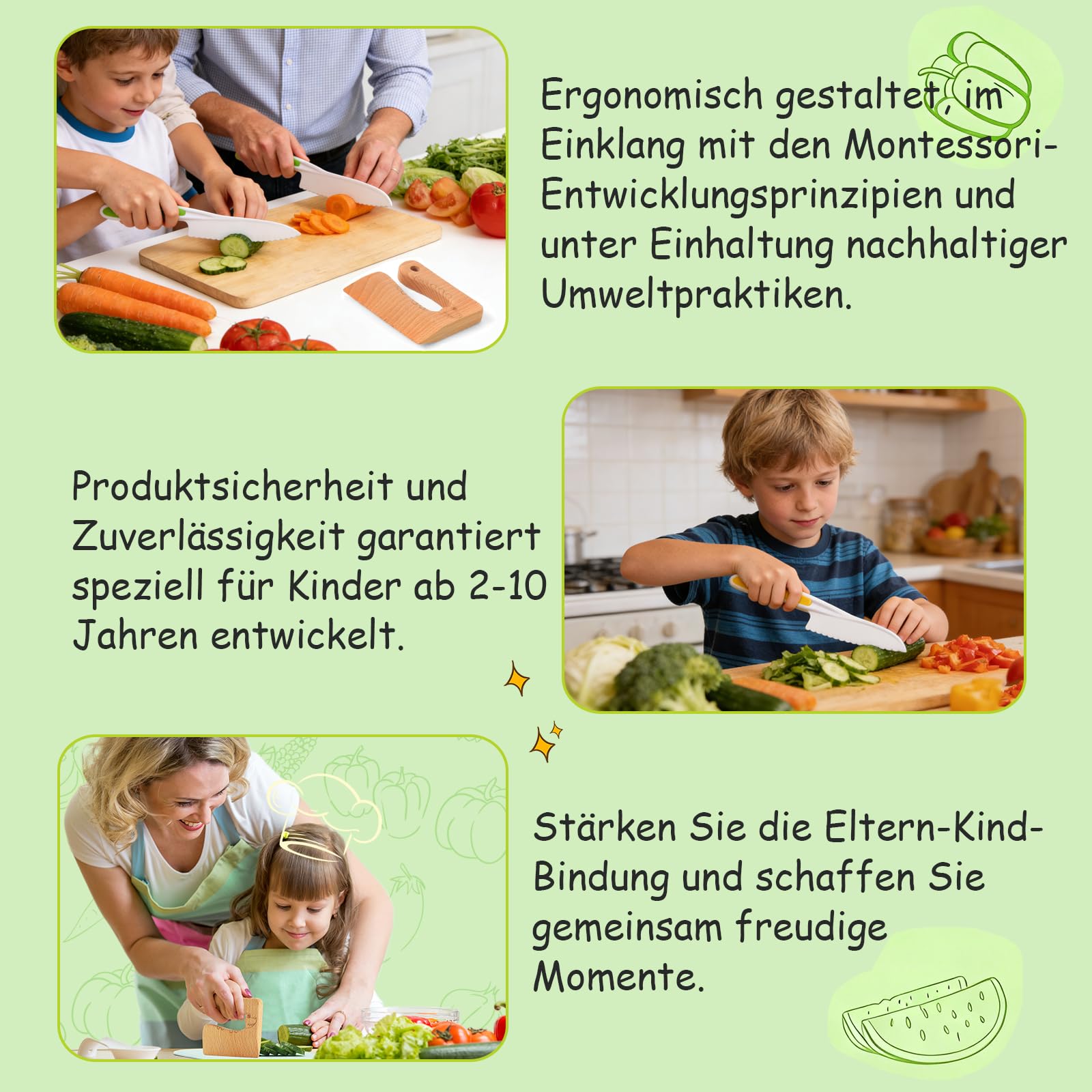 Goodchef Zestaw 8 noży kuchennych dla dzieci, do krojenia i gotowania, owoców lub warzyw, w tym drewniany nóż, deska do krojenia i obieraczka, krokodyl