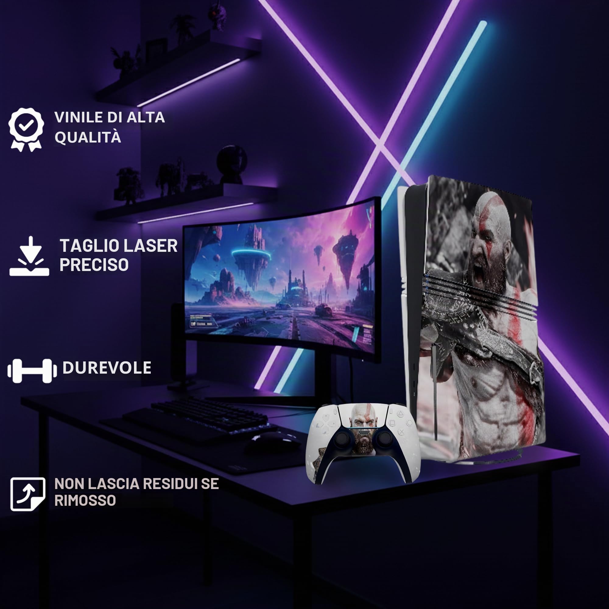 MaD Vision® Extra-Durable Skin Kit per PlayStation 5 (PS5) Digital | Set di Pellicole Adesive in Vinile Opaco per la Console e 2 Controller - per God of War|GOW Design