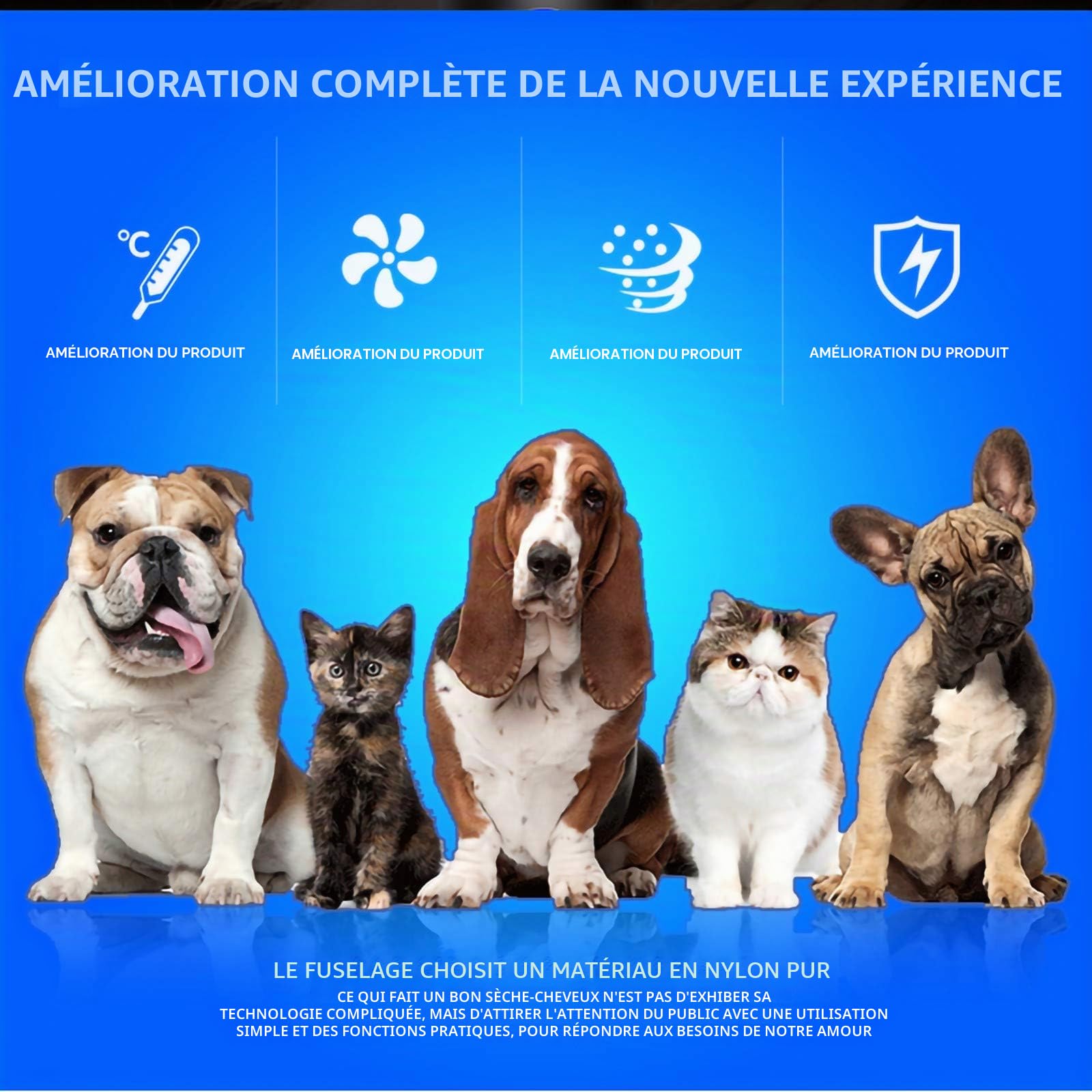 Chien Dog Sechoir Sèche-Cheveux, Professionnel Sèche-Poils pour Chien, Réglable Vitesse du Vent et Plage de Température, sourdine, Lumière Bleue Stérilisation