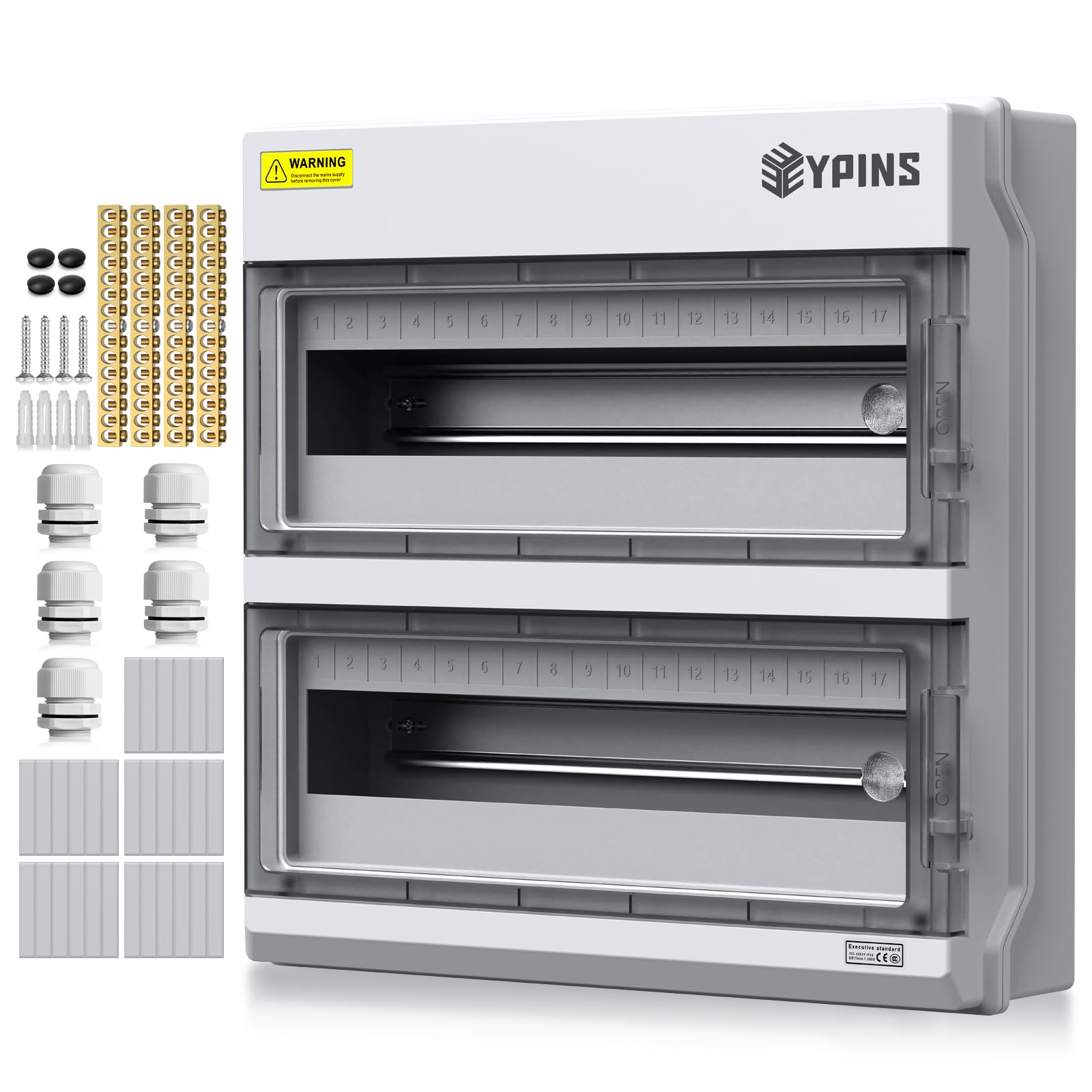 EYPINS Quadro Elettrico Esterno 2 File 36 Moduli,Scatola di Derivazione a Apertura Orizzontale,IP66 Impermeabile,con Coperchio Chiusura Moduli/Pressacavi per Esterno Garage Industriali,370x110x370 mm