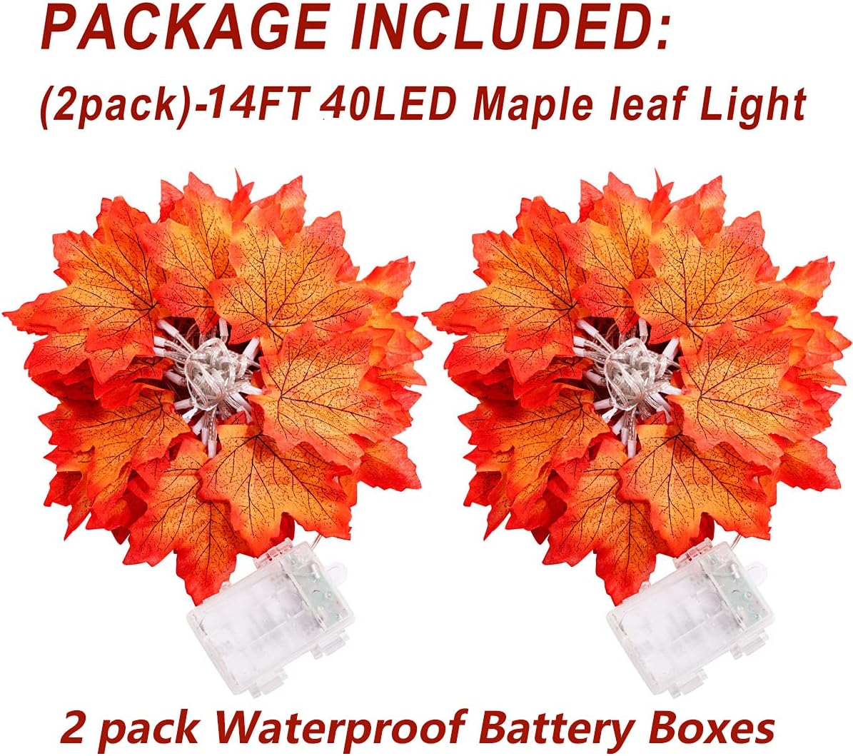 KIRE 2-Pack Thanksgiving Maple Leaf String Lights 14.7 Ft - Total 80 Fall Garland Maple Leaf Lights for Autumn Home Decorations - 8 Lighting Modes Waterproof Battery Operated for Thanksgiving Decor
