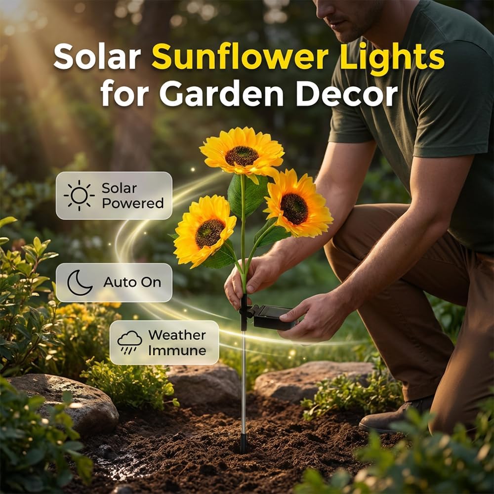 Solar Sunflower Lights Outdoor, Waterproof Solar Garden Stake Lights, Realistic Sunflower Landscape Lighting for Patio Yard Pathway Flower Bed, Decorative Solar Powered Lights for Garden Lawn (6)