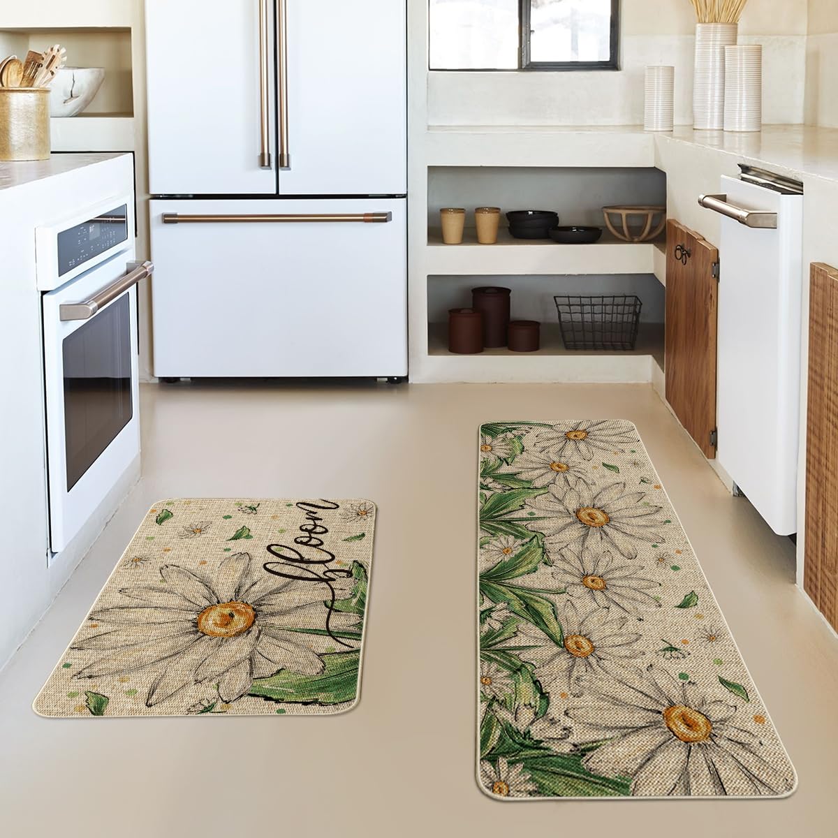 Artoid Mode Daisy Bloom Spring Kitchen Mats Set of 2, Seasonal Home Decor Leaves Low-Profile Kitchen Rugs for Floor - 17x29 and 17x47 Inch