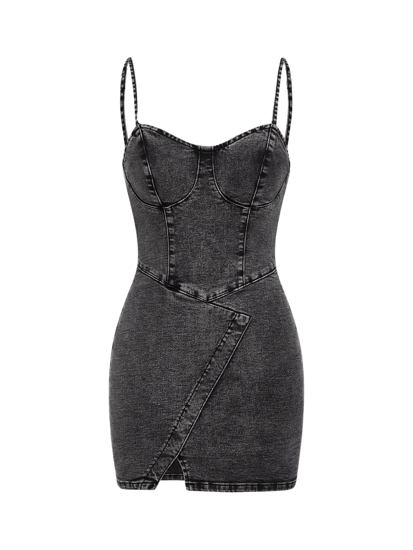 Floerns Women's Adjustable Spaghetti Strap Button Up Mini Denim Bodycon Dress