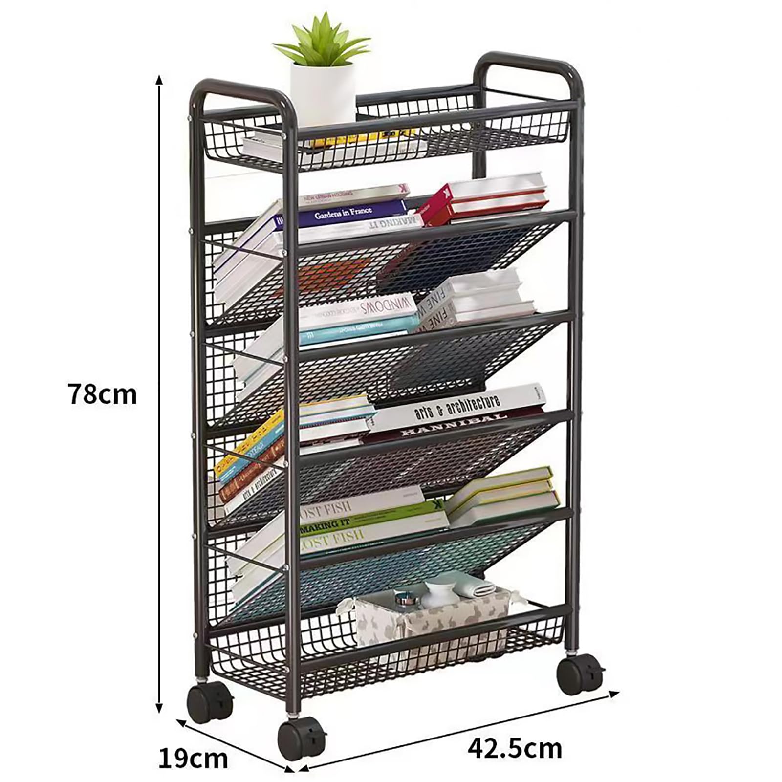 Carrello multiuso in metallo con carrello per libri di rotolamento, carrello di stoccaggio mobile facile da montare su ruote, scaffale compatto per organizer da scrivania