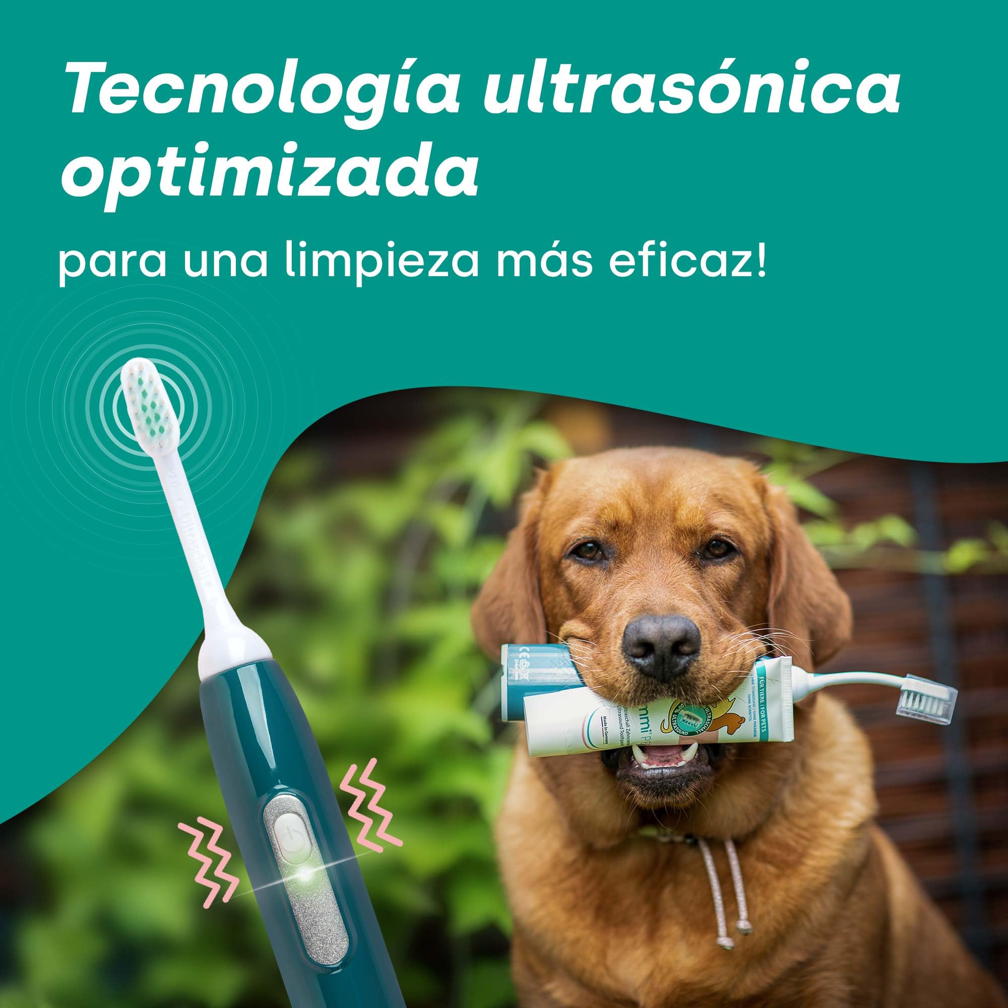 emmi-pet PRO Cepillo de dientes ultrasónico para perros - Cepillo de dientes silencioso para perros y gatos sin frotar con 96 millones de vibraciones - Contra el sarro y la inflamación