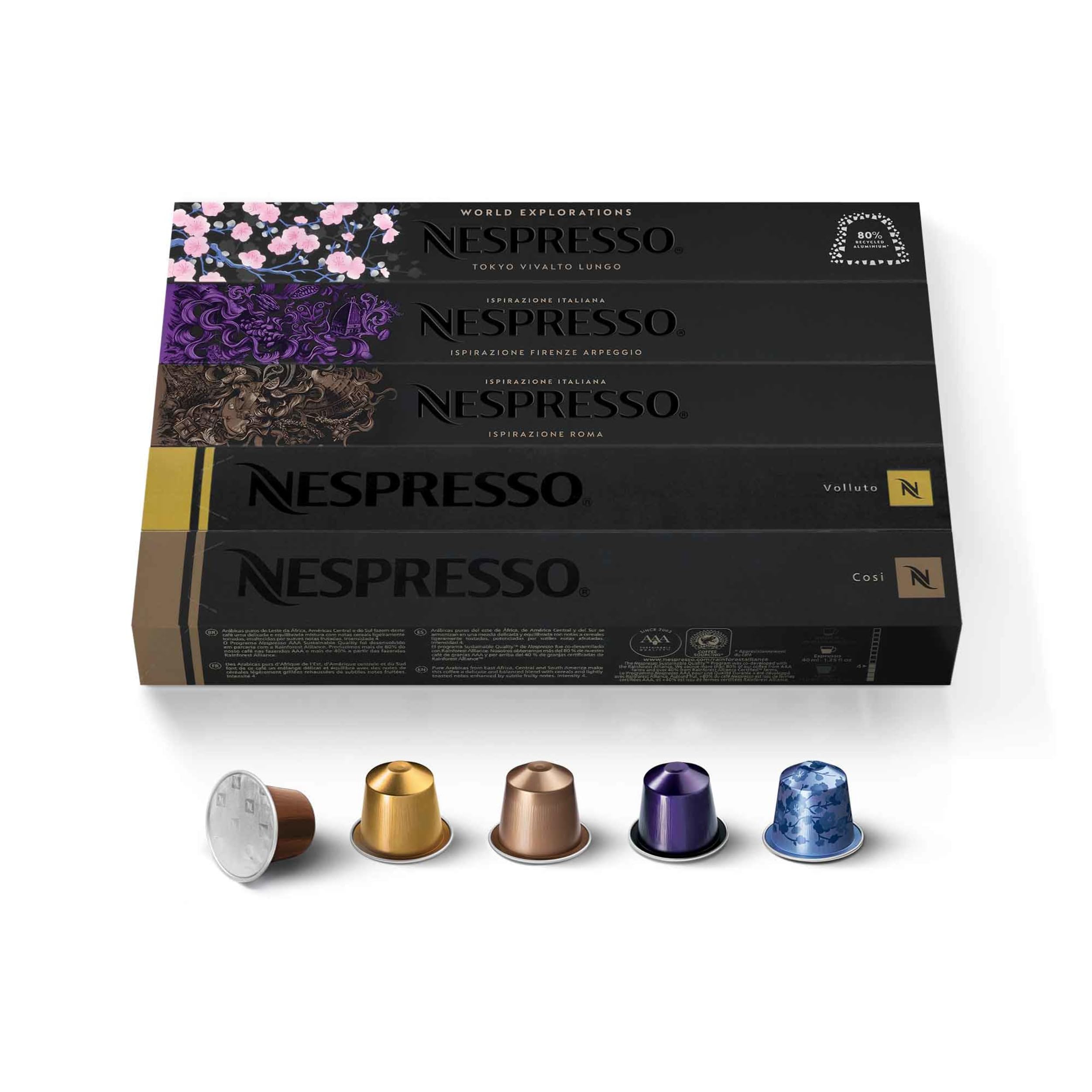 Nespresso Oryginalne kapsułki do kawy, 50 mieszanych opakowań – 10 Volluto, 10 Romów, 10 Cosi, 10 kapsułek Vivalto i 10 kapsułek Arpeggio do ekspresów Nespresso do espresso, cappuccino i macchiato