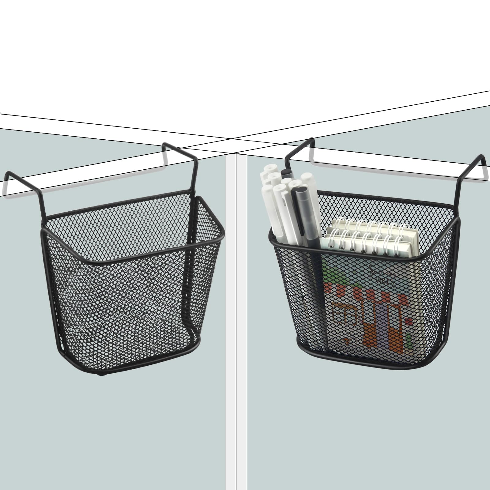 Poeland Cubicle Hanging Basket for Office, Cubicle Accessories Easy Hang-on Metal Mesh Shelf Storage Organizer for Desk Partitions Cubicle (2 pack)