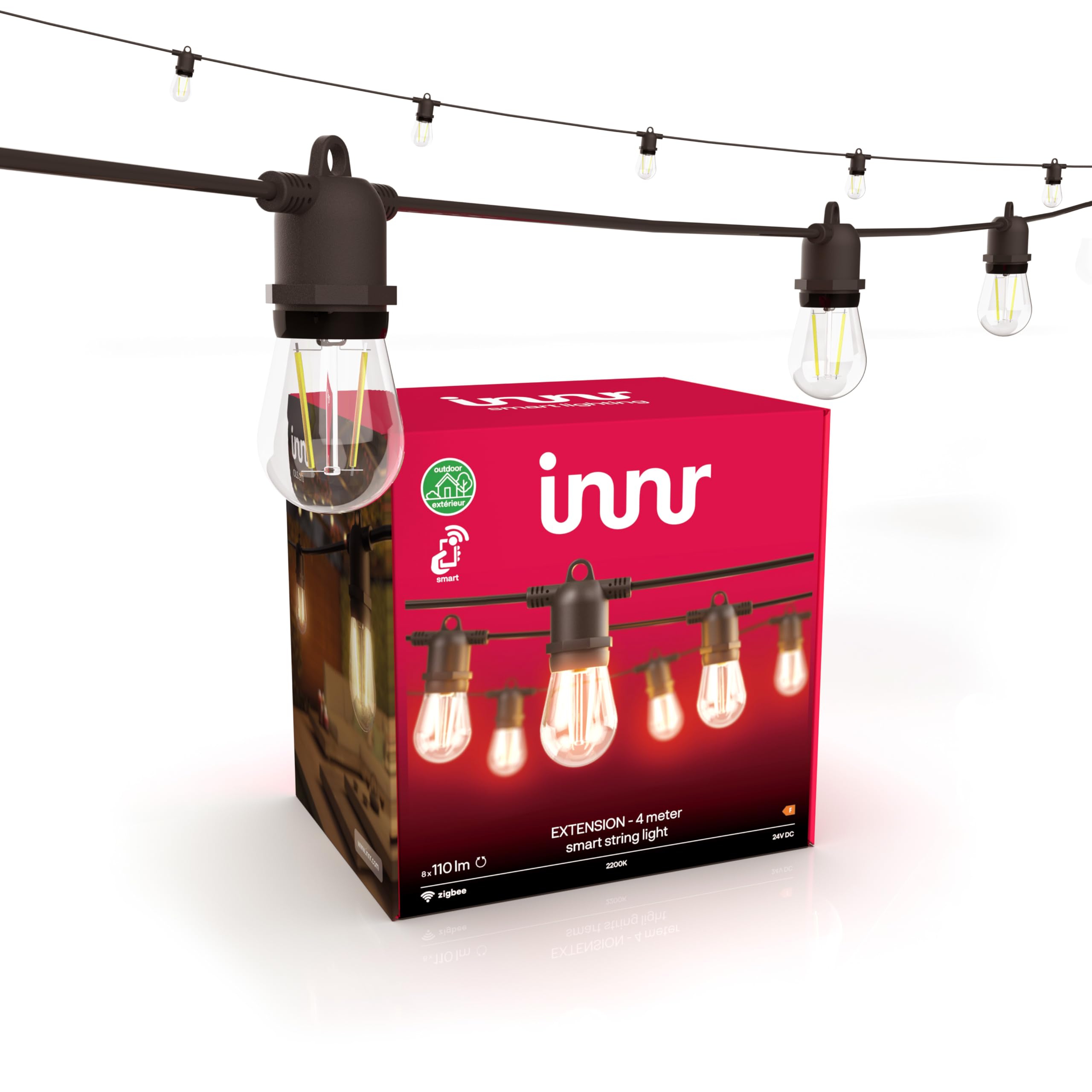 Innr Innr Smart LED Festoon Lights Outdoor, 4m Extension, Warm White, Garden String Lights, 8 Smart Light Bulbs, IP65 Waterproof, Dimmable (OLS 210 Base Set Required)