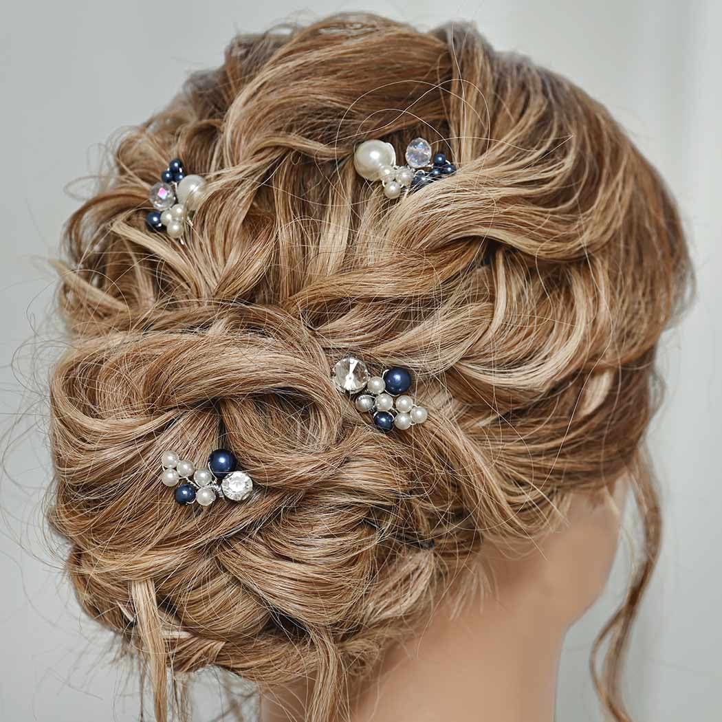 Heread Blue Pearl Bride Wedding Hair Pins Silver Crystal Bridal Hair Pieces Hair Clips Accessories for Women and Girls(Pack of 4) - Image 5