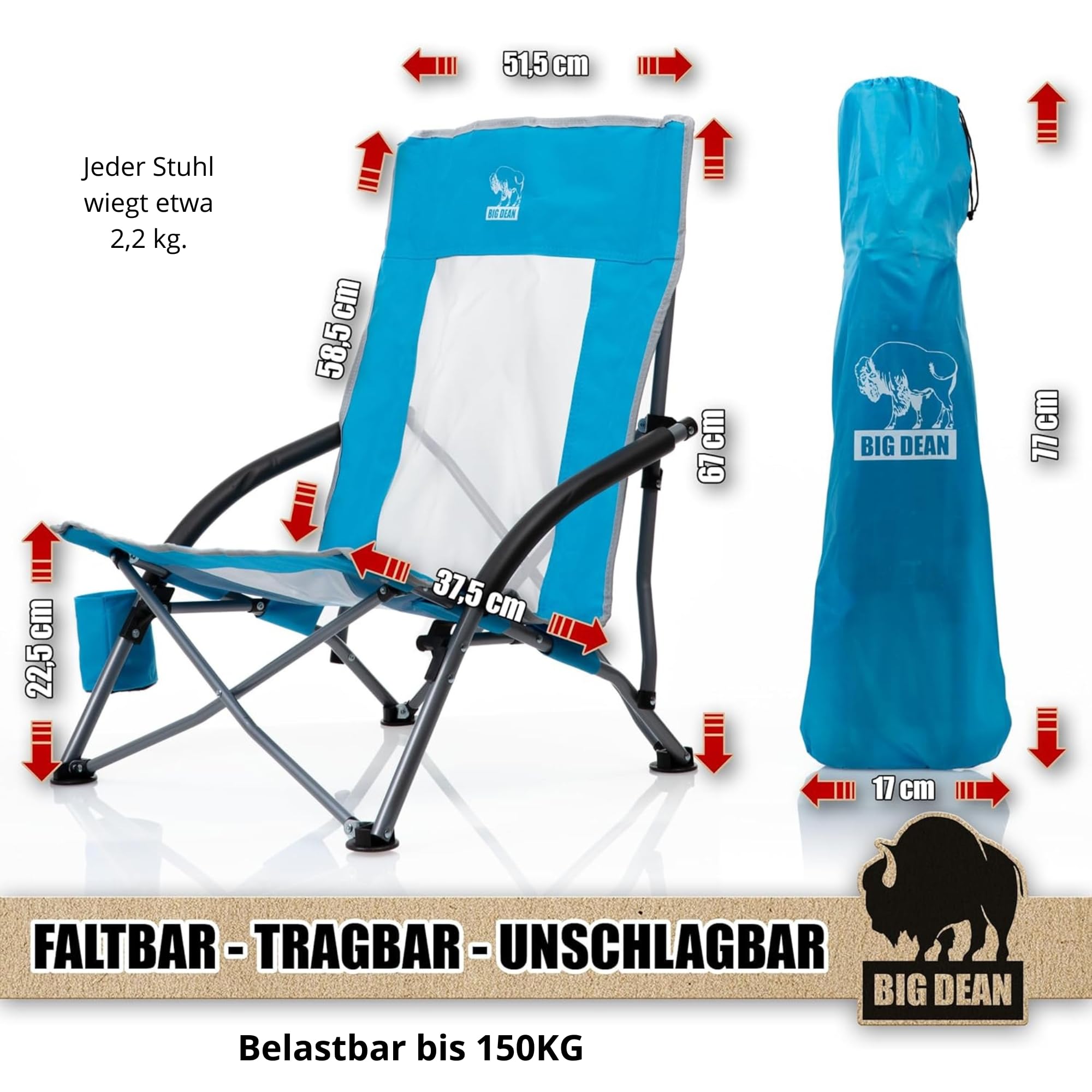 BigDean Lot de 2 chaises de plage pliantes, très légères, pour camping, jusqu'à 150 kg | Chaise basse pliante en maille respirante avec porte-gobelet, pour plage, jardin