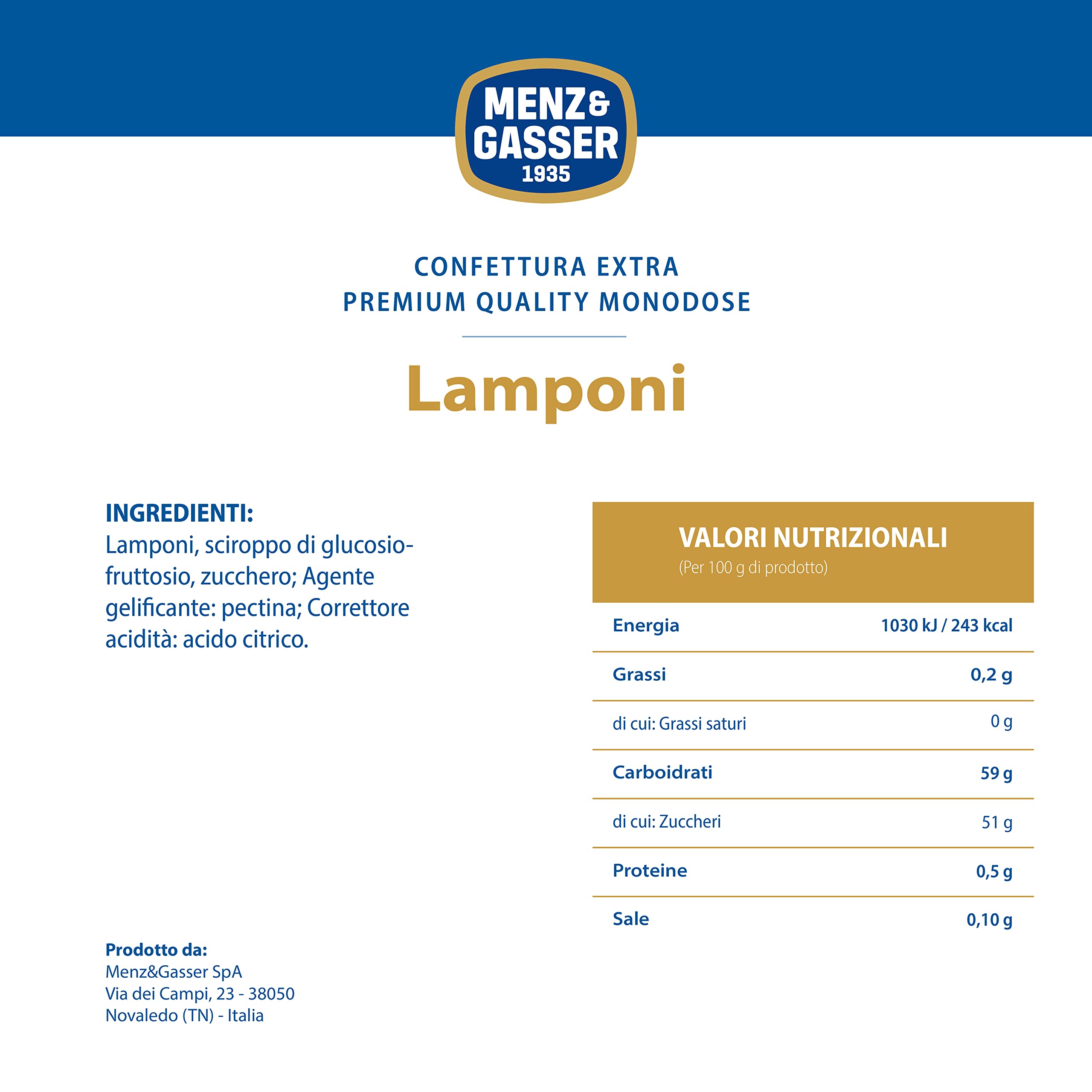 Menz&Gasser Confettura Extra di Lamponi Monodose Premium Quality, con Frutta di Alta Qualità, 48 Vasetti x 28 g