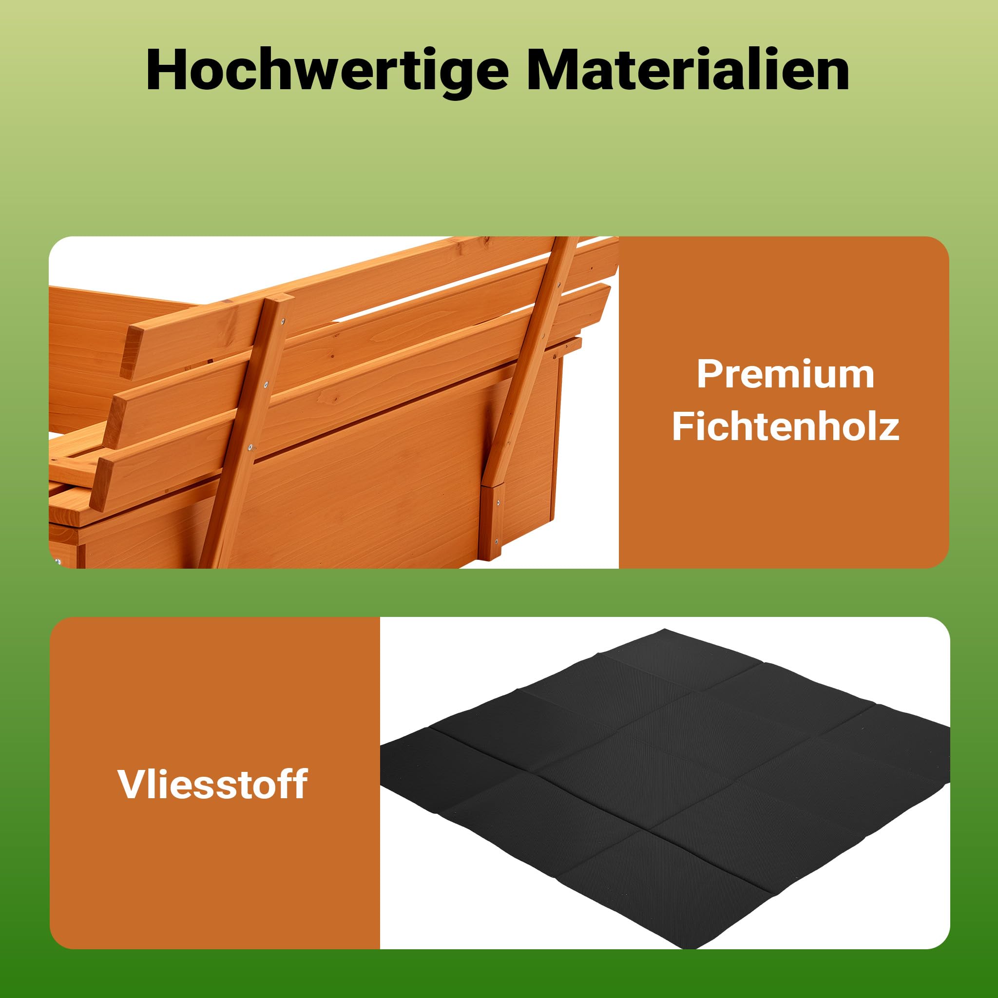 Sandkasten mit Deckel 2 Sitzbänke 98 x 98 x 21 cm, Sandkiste aus Holz mit klappbaren Bänken, Sandkasten mit Abdeckung, Sandbox mit Vliesboden