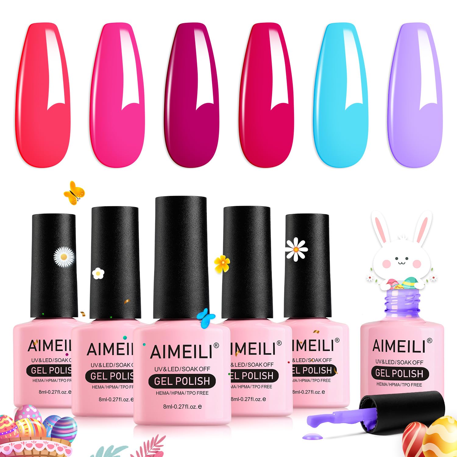 AIMEILI Gel Nail Polish Soak Off U V LED Hema Free Hot Pink Gel Polish Colors for Nail Art DIY Gel Nail 6 x 8 ML-Kit Set 12