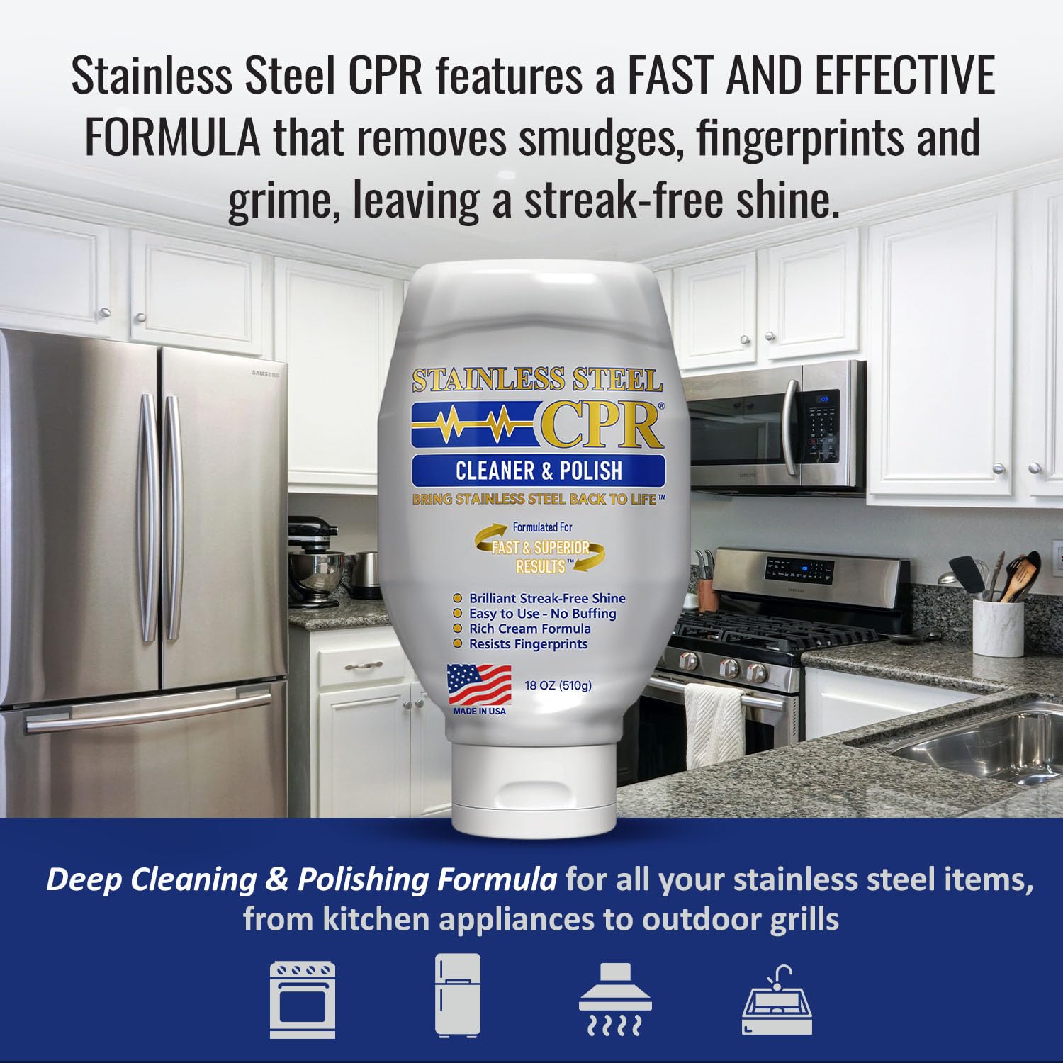 Stainless Steel CPR Detergente e lucidatura per cucina 2 in 1, 510 g | Rimuove impronte digitali, macchie d'acqua e grasso, per frigoriferi, stufe e lavastoviglie