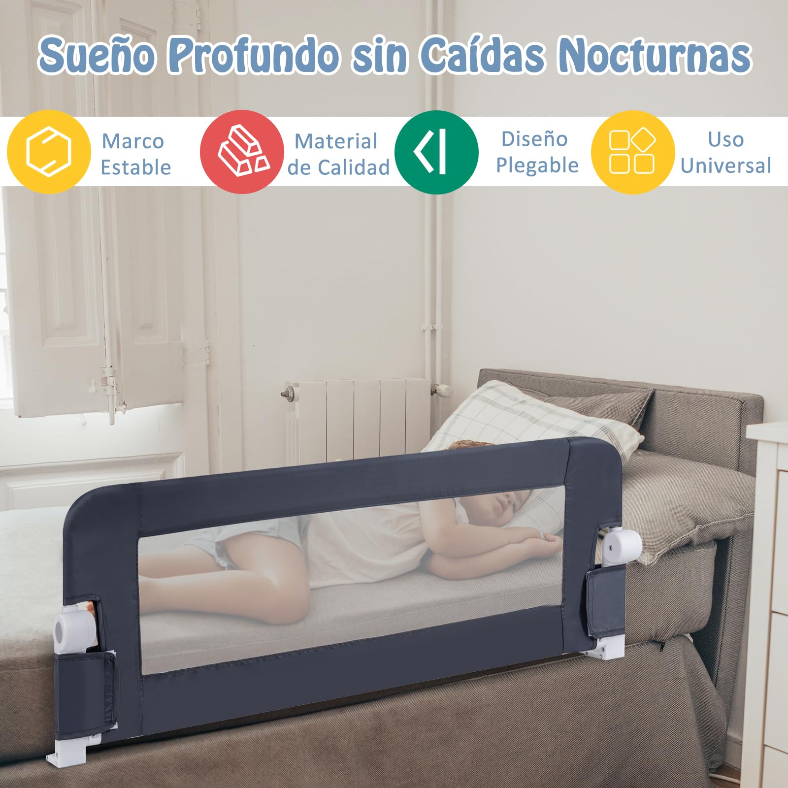GOPLUS Barrera Seguridad Niños Cama, Barandilla Cama Plegable para Bebés para Cama Infantil, Camas Gemelas, Barrera Cama para Niños con Espuma Suave y Mecanismo Abatible (Gris,120 x 39 x 42,5 CM)