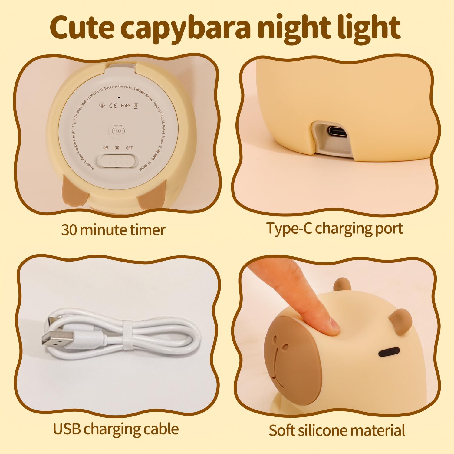 Capybara Nachtlicht, süßes Squishy Silikon Nachtlicht für Kinder, langlebig wiederaufladbar, Tippen zum Einstellen der Helligkeit, sichere Capybara-Geschenke für Schlafzimmer, Kinderzimmer