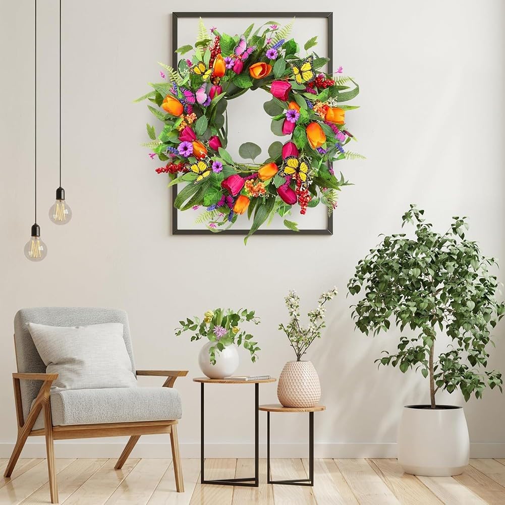 Ghirlanda artificiale da 55,9 cm con farfalle, eucalipto, margherite ed elementi botanici, per casa, ufficio o decorazione per l'ospitalità