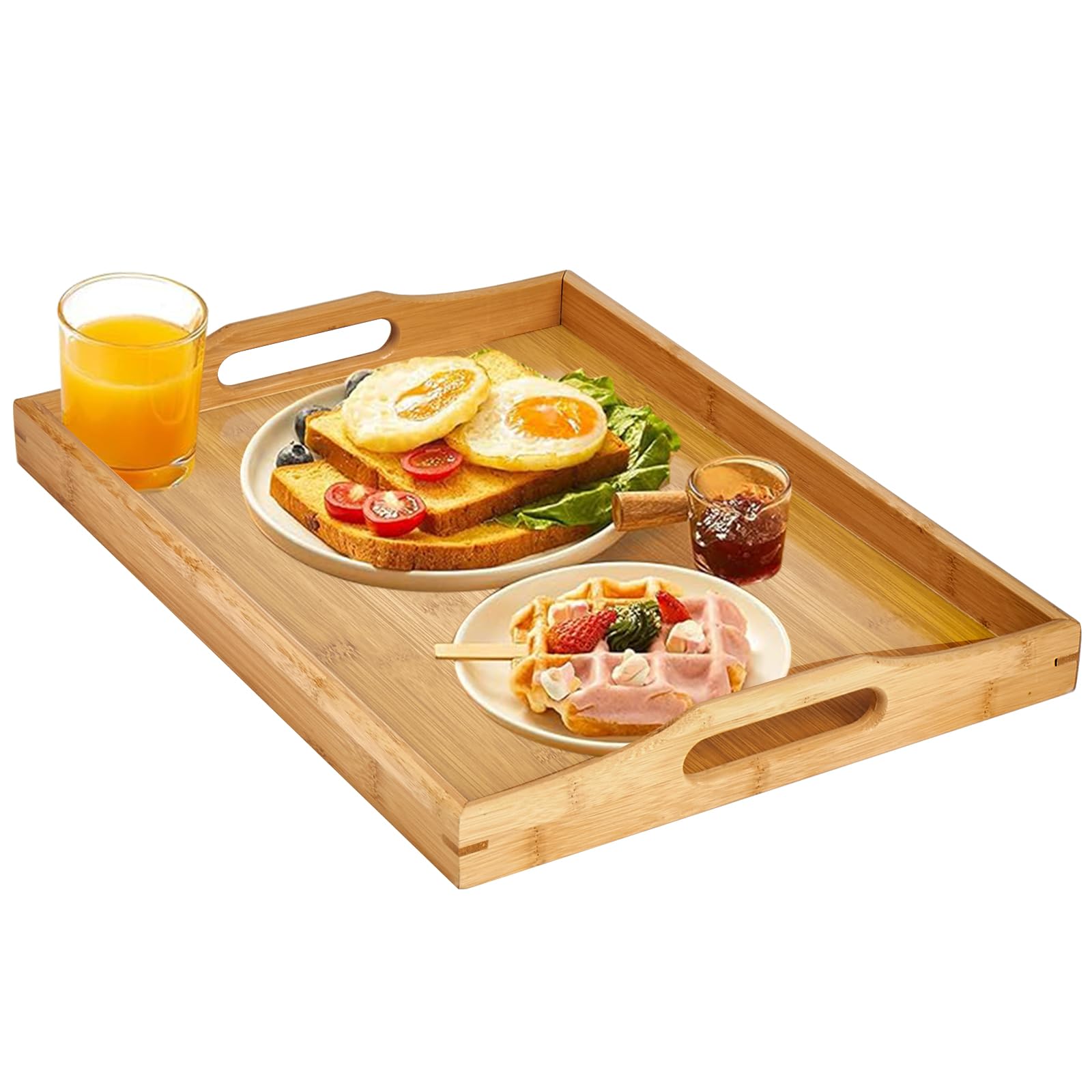 Large Wooden Serving Tray With Handles, Rectangular Bamboo Food Trays for Eating Breakfast Dinner, Wooden Tray for Serving Tea Coffee Snack Cheese (42 X 32 CM)