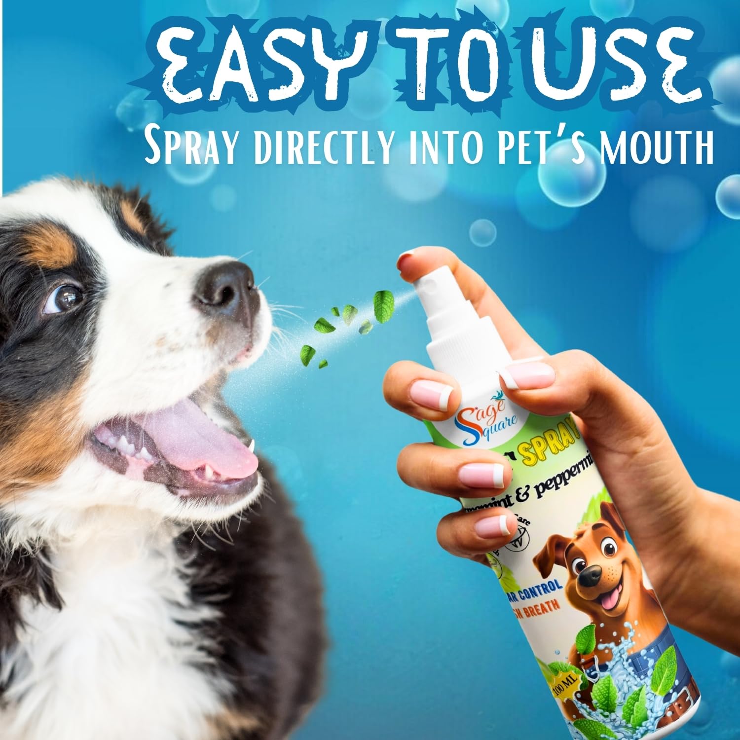 Sage Square Dog Mouth Spray : Sparemint & Peppermint Oral Spray, Easy Brushless Cleaning, Teeth & Gum Spray, Reduces Plaque & Freshens Breath Instantly, Dog & Cat Mouth Care, Fresh Breath (100ml) 3