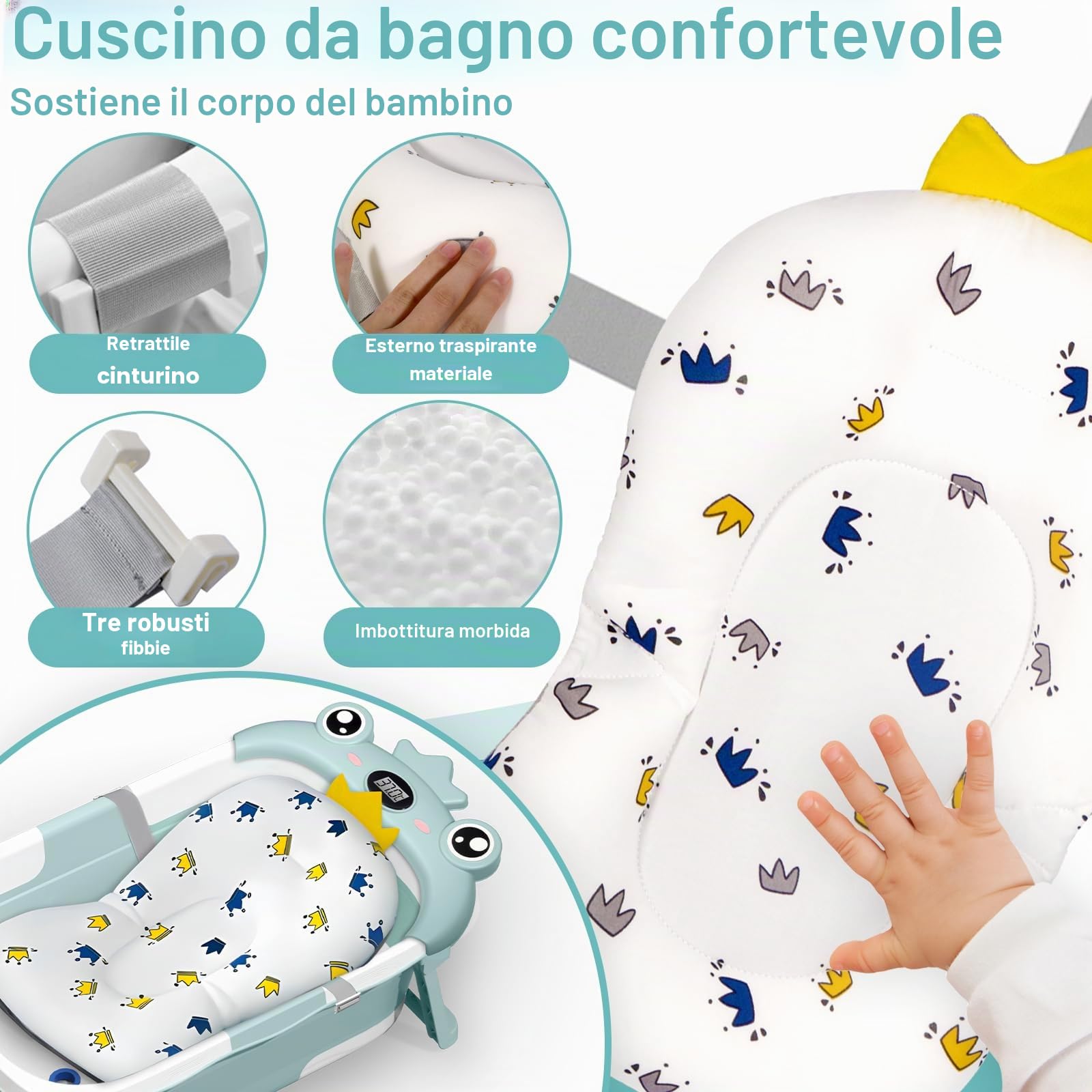 Vaschetta Bagnetto Neonato Pieghevole, Vasca Neonato Bagnetto con Termometro E Cuscino Staccabile, Bagnetto Neonato per Portatile, Vasca da Bagno per Neonato A Bambino 0-36 Mesi (Verde)
