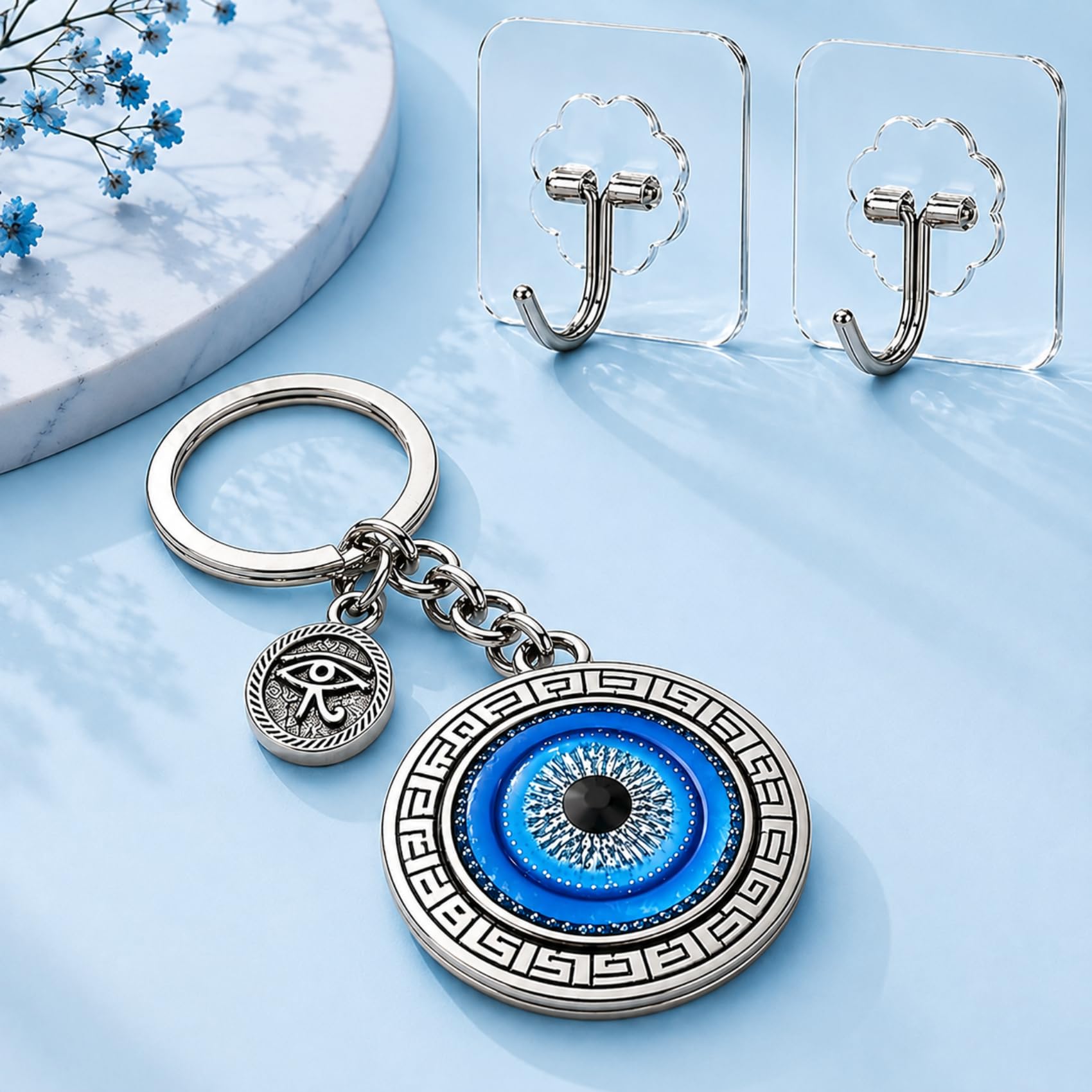 AutokraftZ Evil Eye Keychain for Bike Car and Home Keys with Adhesive Hook | Good Luck Protection Charm Key Ring | Stylish Evil Eye Key Chain for Positivity | Gifting & Decorative Purpose
