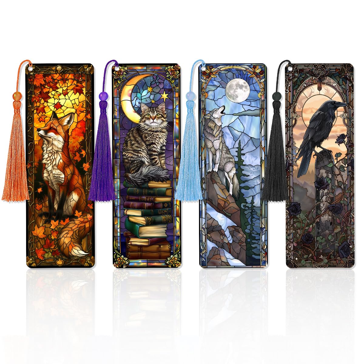 Zaamwoyy 4 Pcs Fantasy Animal Bookmarks Gifts for Reading Women, Stained Glass Transparent PVC Book Marks with Tassels, Cute Black Cat Design Gift, Cool Book Accessories for Book Lovers Bookish