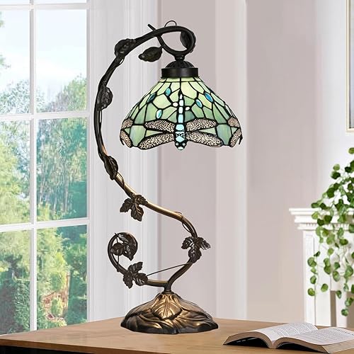 Miniatura 2 de TL0024 Lámpara estilo Tiffany con diseño de libélula azul mar, pantalla de vitral y diseño de vid para dormitorio, sala de estar, 10 pulgadas de