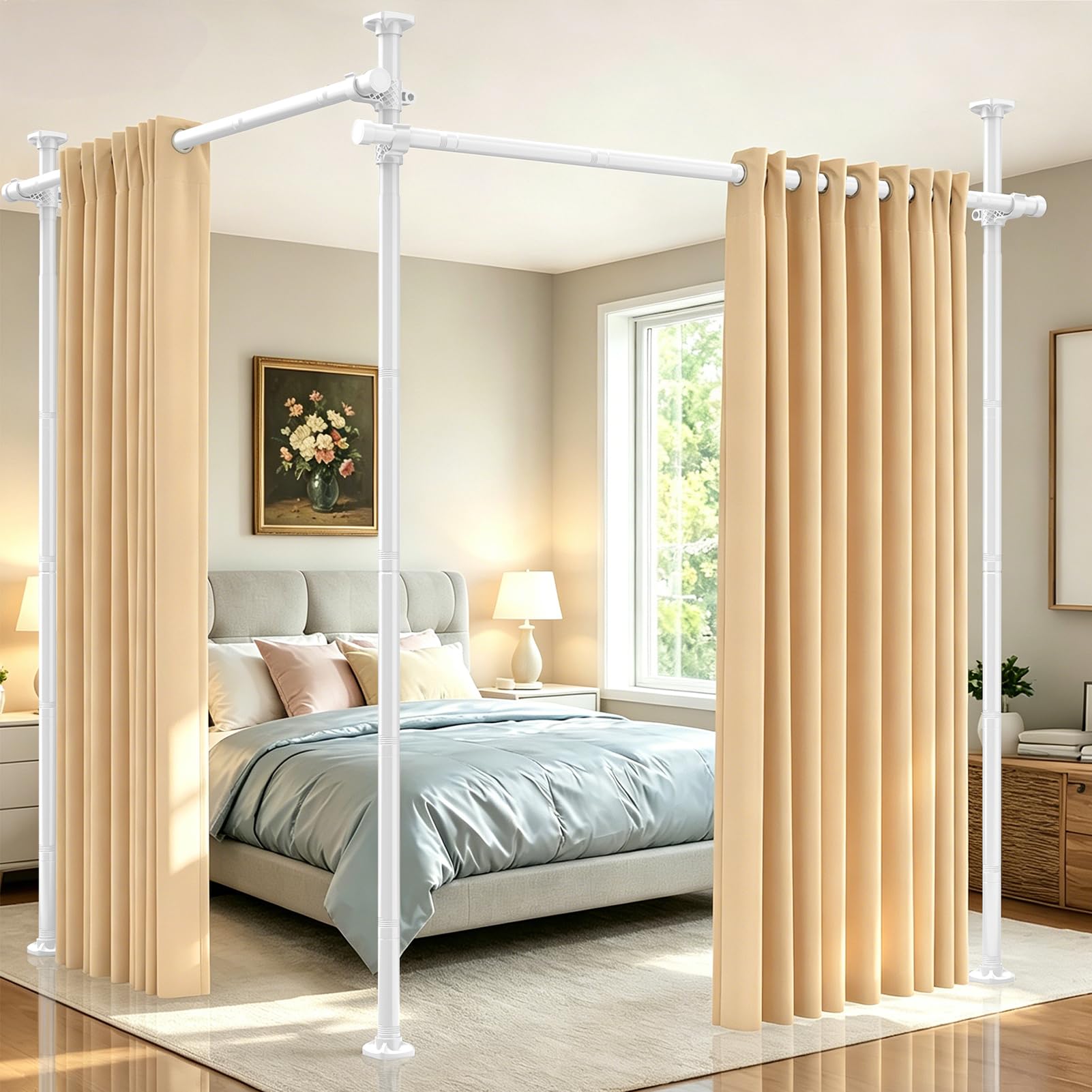 Photo 1 of SUNALLY Room Divider Tension Curtain Rod, No Drilling Room Separator for Space Partition, 4-10ft(H) 32-200inch(W) Adjustable Heavy Duty Temporary Wall Divider Floor to Ceiling Tension Rod, White