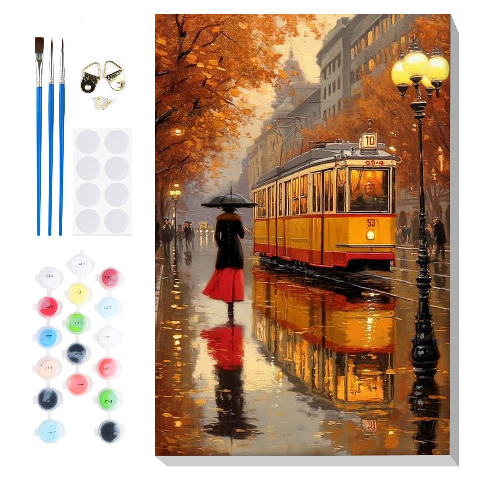 Lxmsja Framed Paint by Numbers for Adults Beginners Cityscape, Vintage Tram Painting by Numbers on Canvas, DIY Acrylic Autumn Painting Art and Crafts Kit Gifts for Home Wall Decor, 8x12in