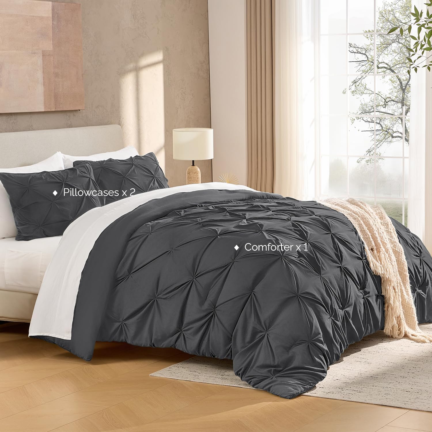 Andency California King Comforter Set Dark Gray (104x96Inch), Pinch Pleat Cal King Comforter Set 3 Pieces, Oversized King Pintuck Bed Comforter, Microfiber Down Alternative Comforter Bedding Set - Image 6