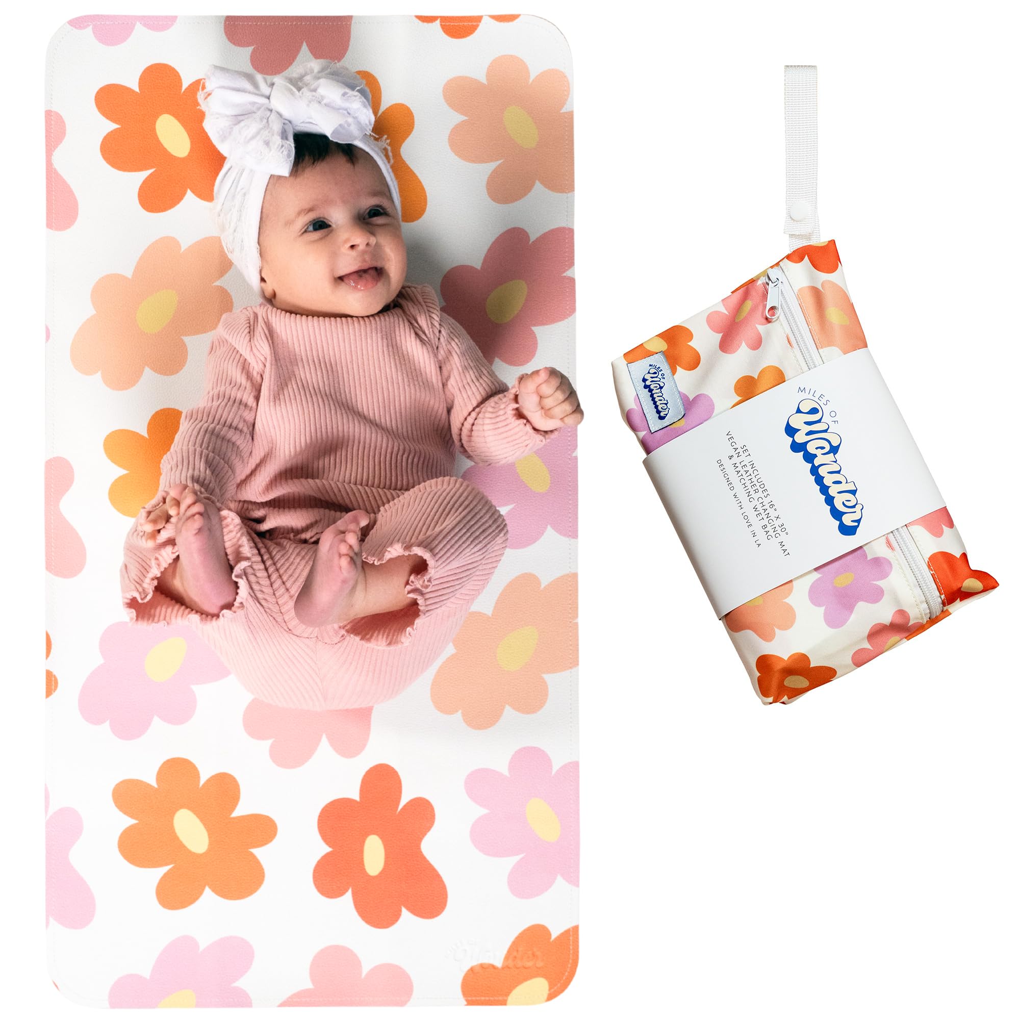Miles of Wonder Portable Changing Mat with Reusable Waterproof Wet Bag, (16 x 30 Inches) Baby Changing Mat, Non-Toxic Changing Pad Portable Folds and