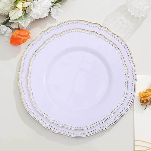 Efavormart - Paquete de 10 platos llanos de plástico con borde festoneado blancodorado de 9 pulgadas, platos desechables de fiesta para bodas,