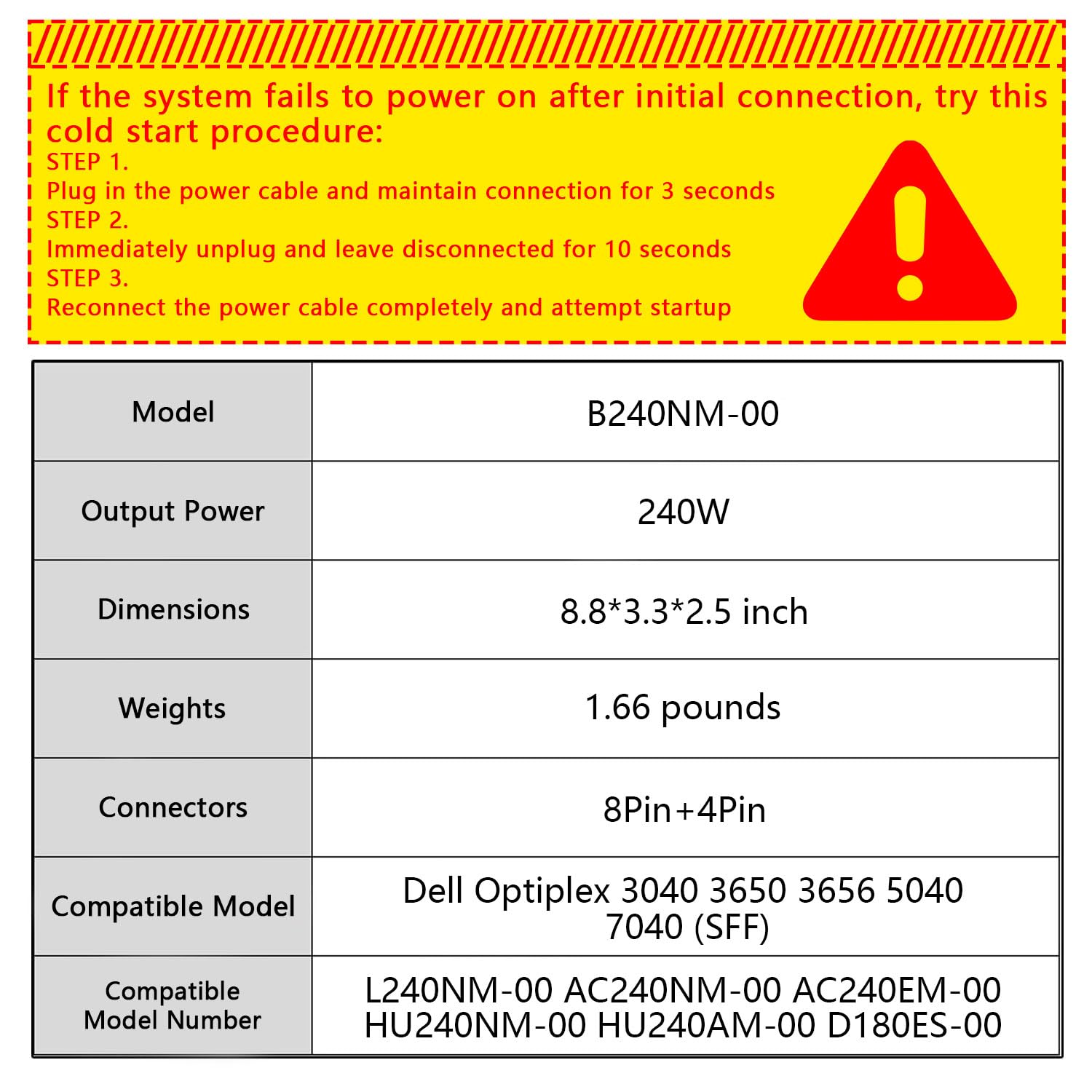 240W Power Supply Compatible with Dell Optiplex 3040 3650 3656 5040 7040 (SFF) L240NM-00 AC240EM-00 AC240NM-00 HU240AM-00 HU240NM-00, P/N: 4GTN5 H62JR 3RK5T 2P1RD (8Pin+4Pin)