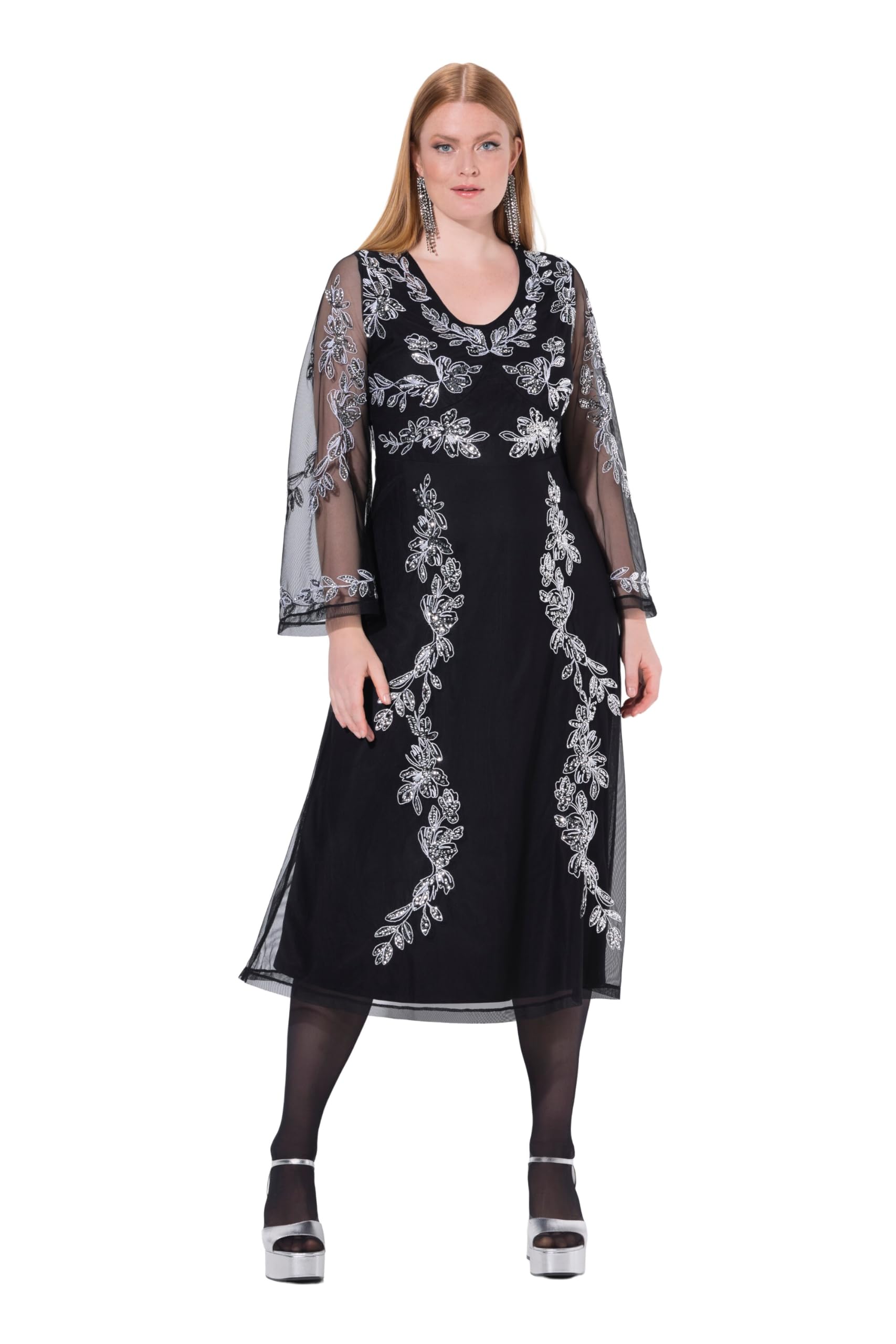 Ulla Popken Damen große Größen Übergrößen Plus Size Abendkleid, Stickerei, V-Ausschnitt, Langarm 845366